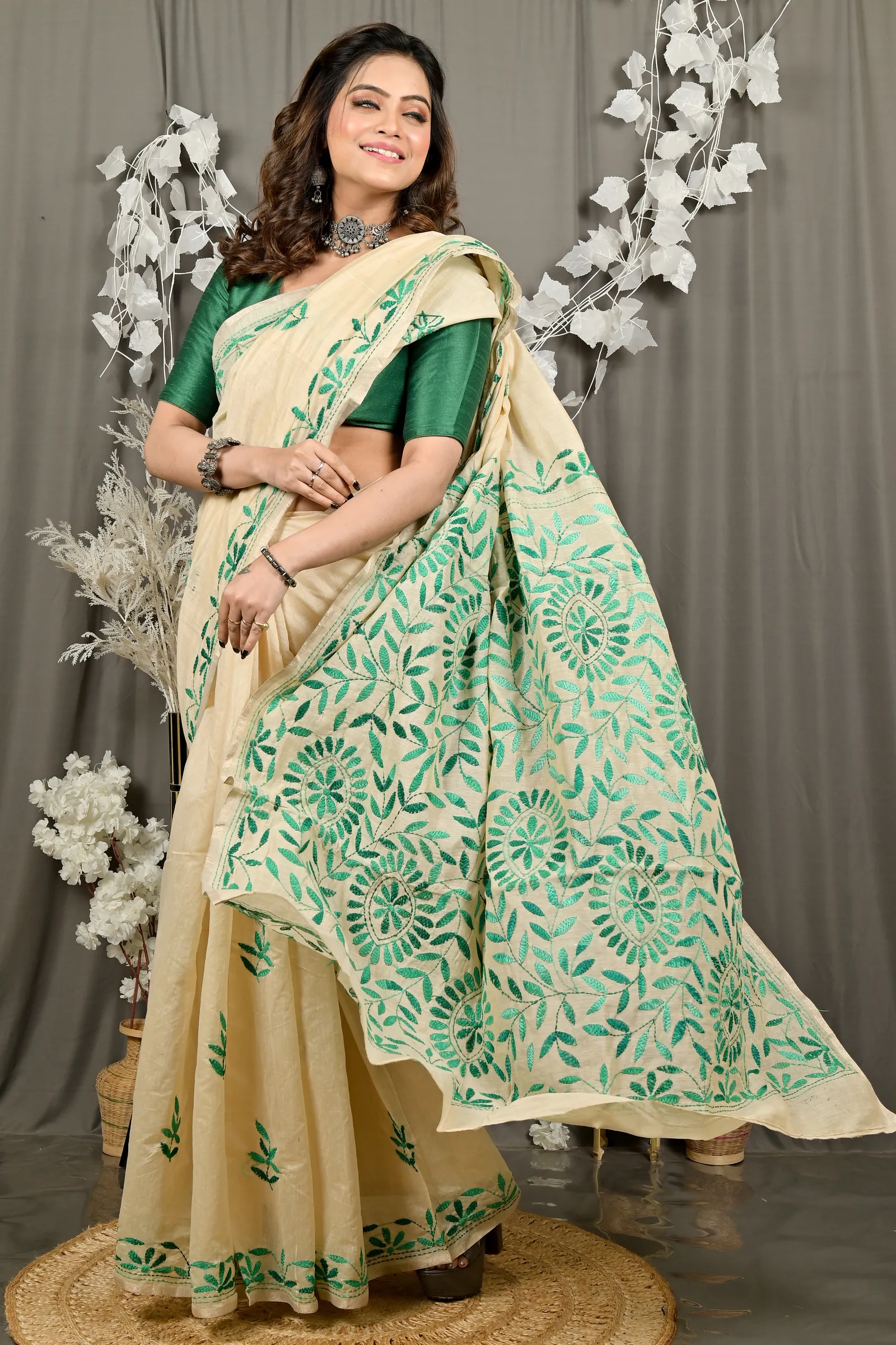 DipDiya Cotton Off White Green Varitikath Woven with Love Kantha Stitch Sarees