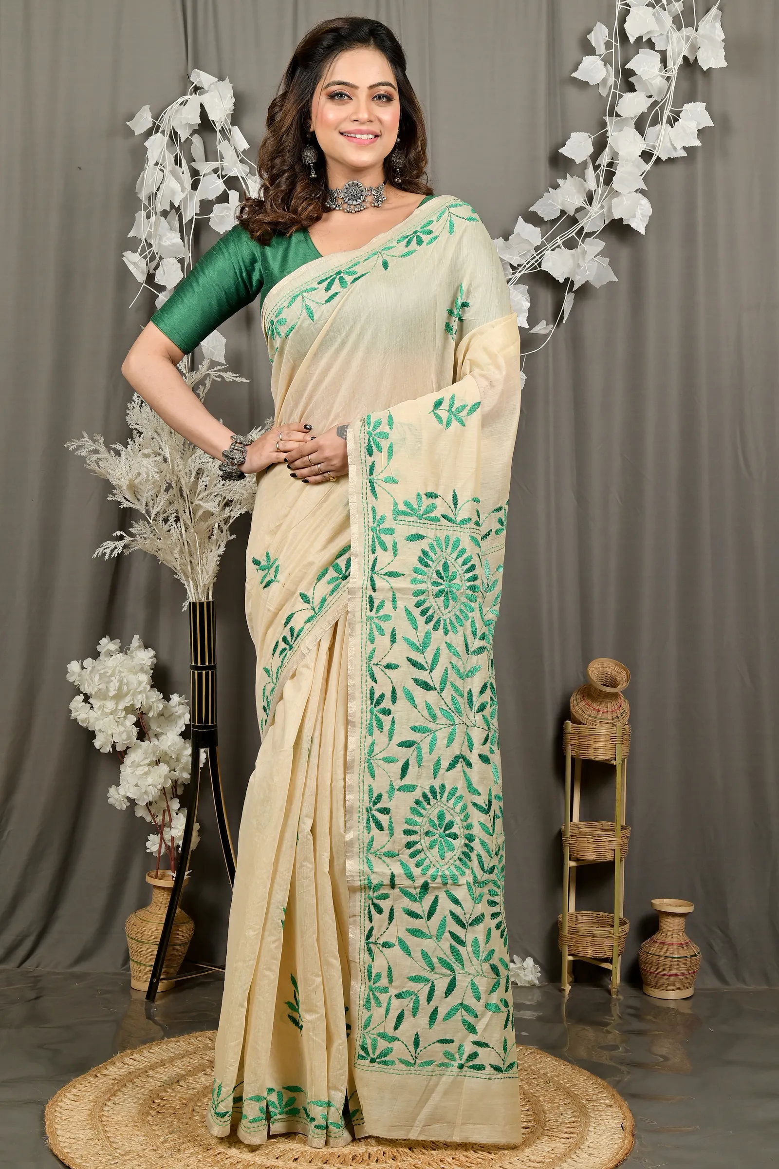 DipDiya Cotton Off White Green Varitikath Woven with Love Kantha Stitch Sarees