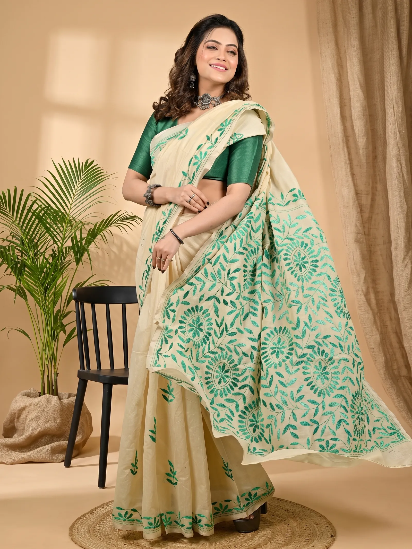 DipDiya Cotton Off White Green Varitikath Woven with Love Kantha Stitch Sarees
