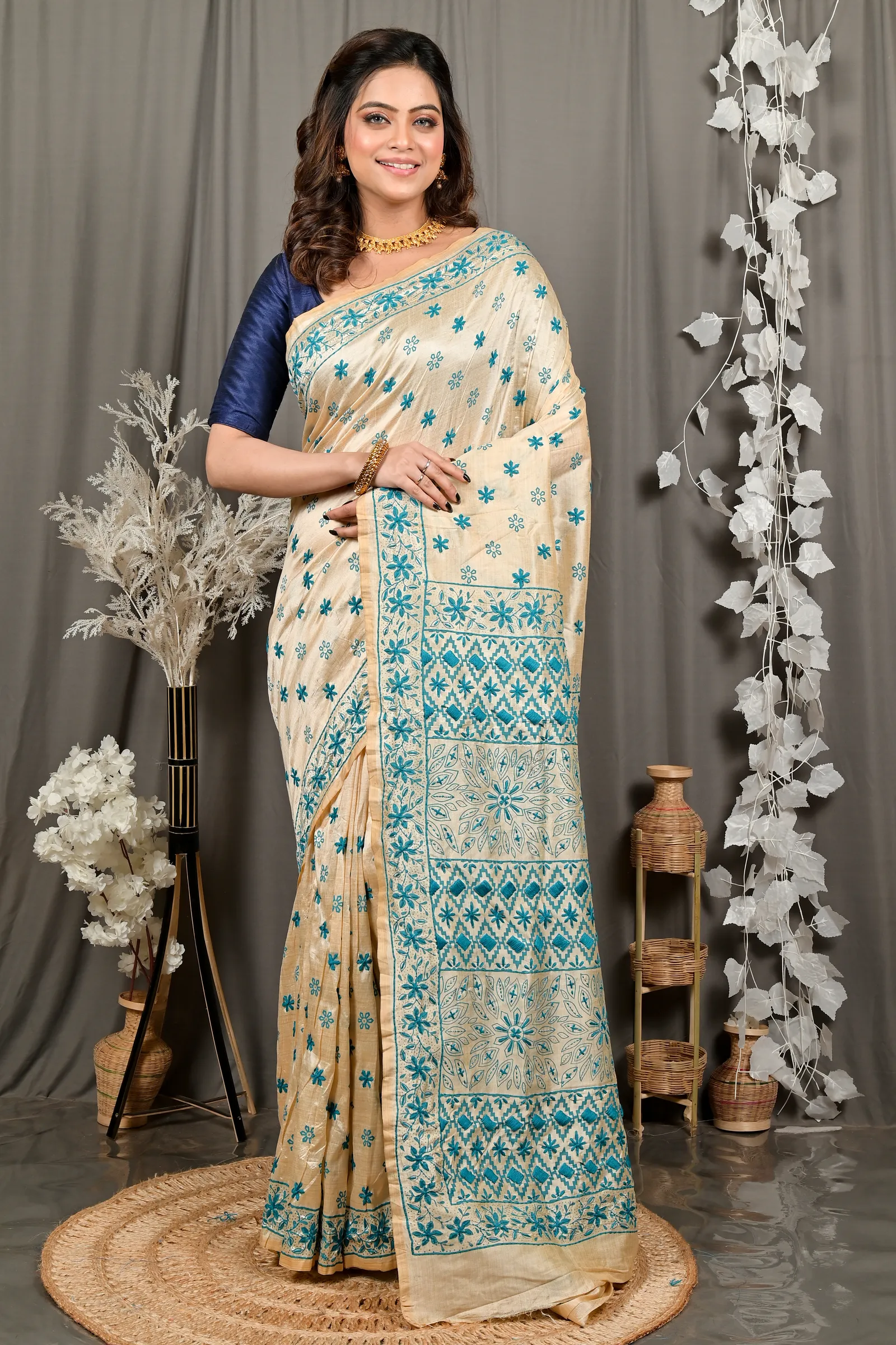DipDiya Cotton Off White Green Varitikath Wrapped in Heritage Kantha Stitch Sarees