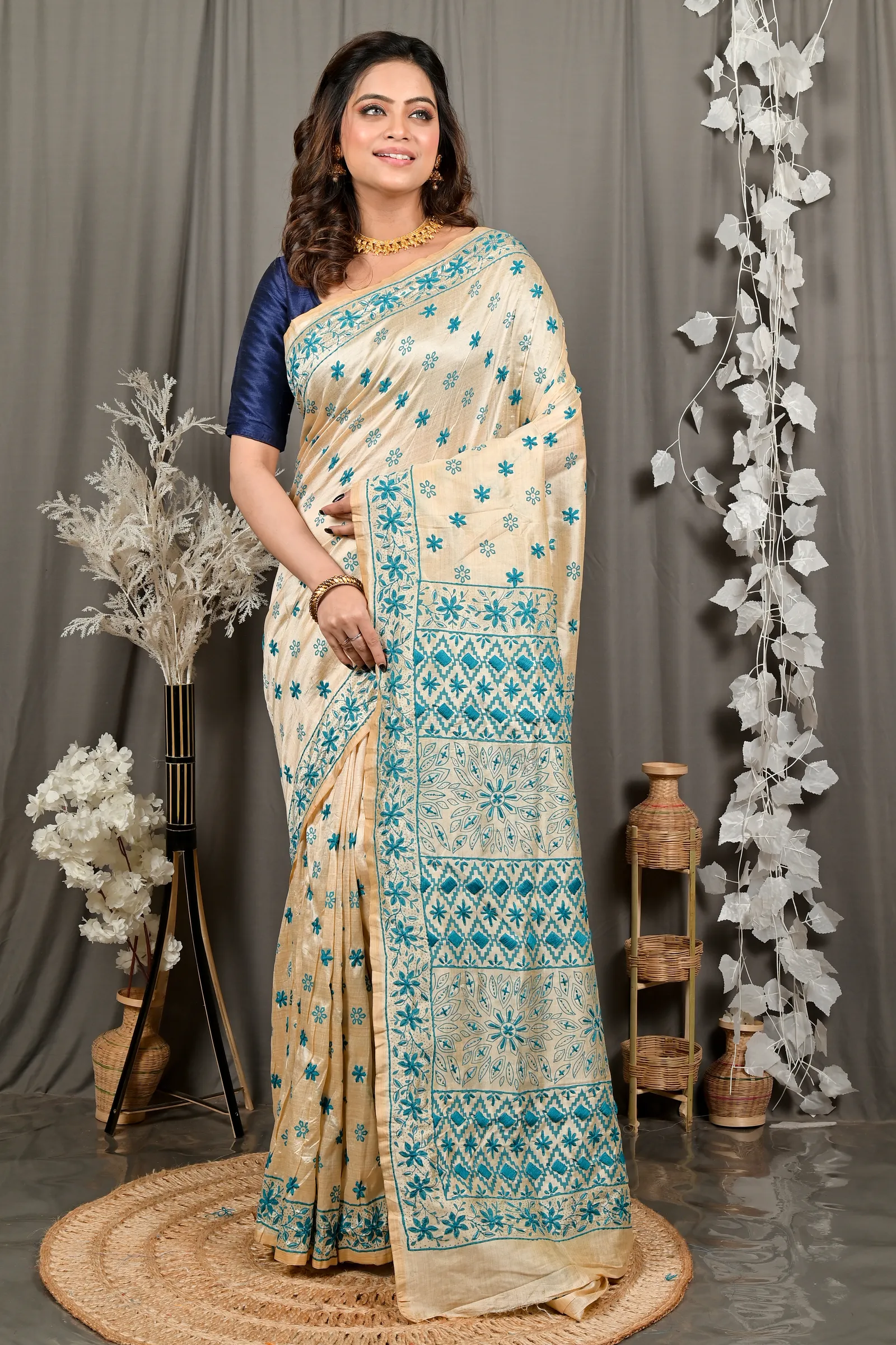 DipDiya Cotton Off White Green Varitikath Wrapped in Heritage Kantha Stitch Sarees