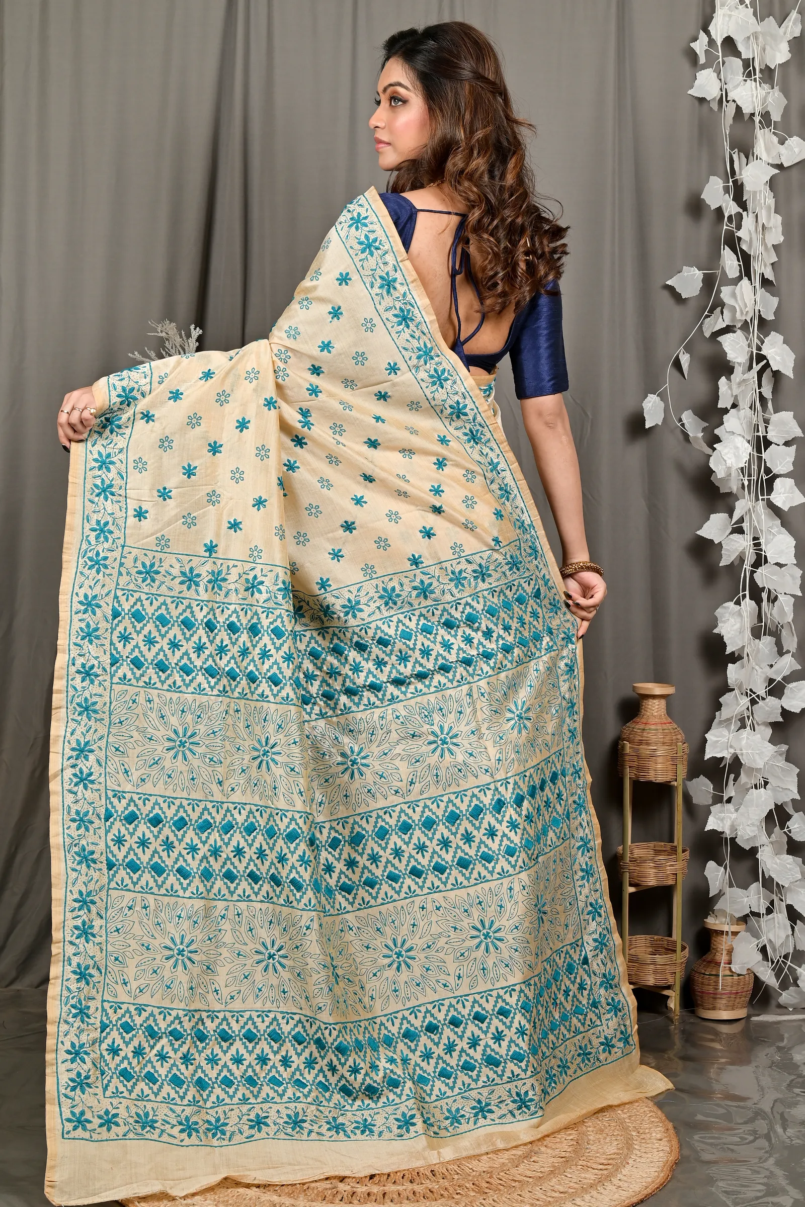 DipDiya Cotton Off White Green Varitikath Wrapped in Heritage Kantha Stitch Sarees