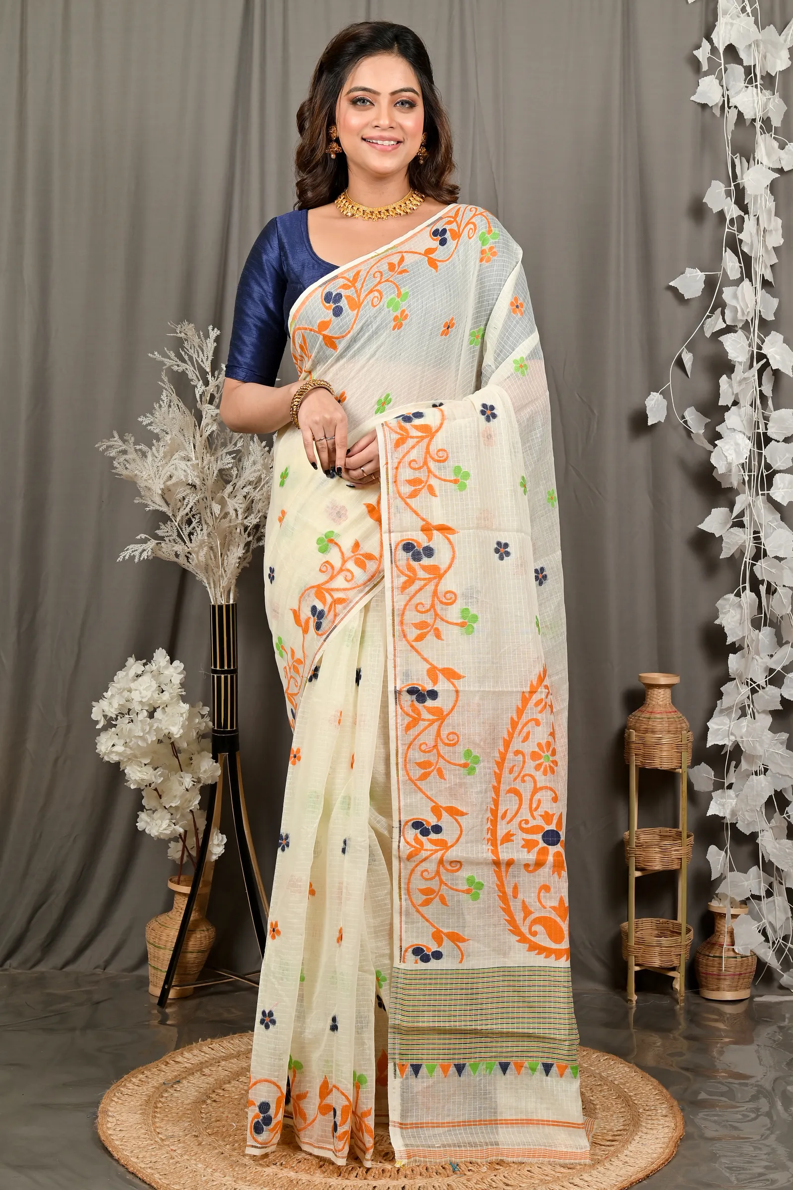 DipDiya Cotton Off White Orange Fivani Bengali Heritage Jamdani Sarees