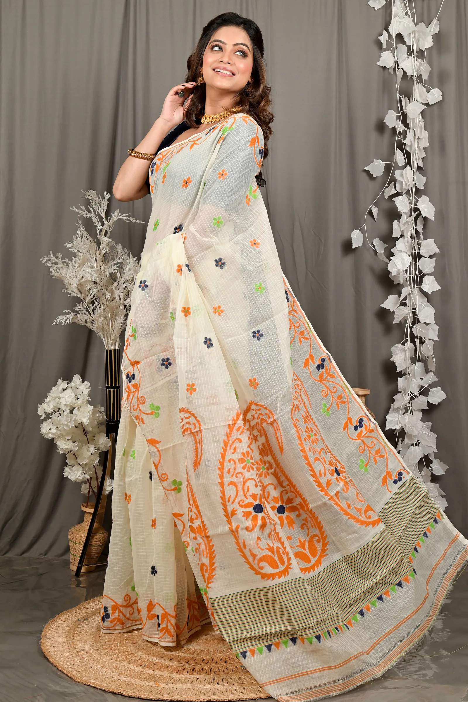 DipDiya Cotton Off White Orange Fivani Bengali Heritage Jamdani Sarees