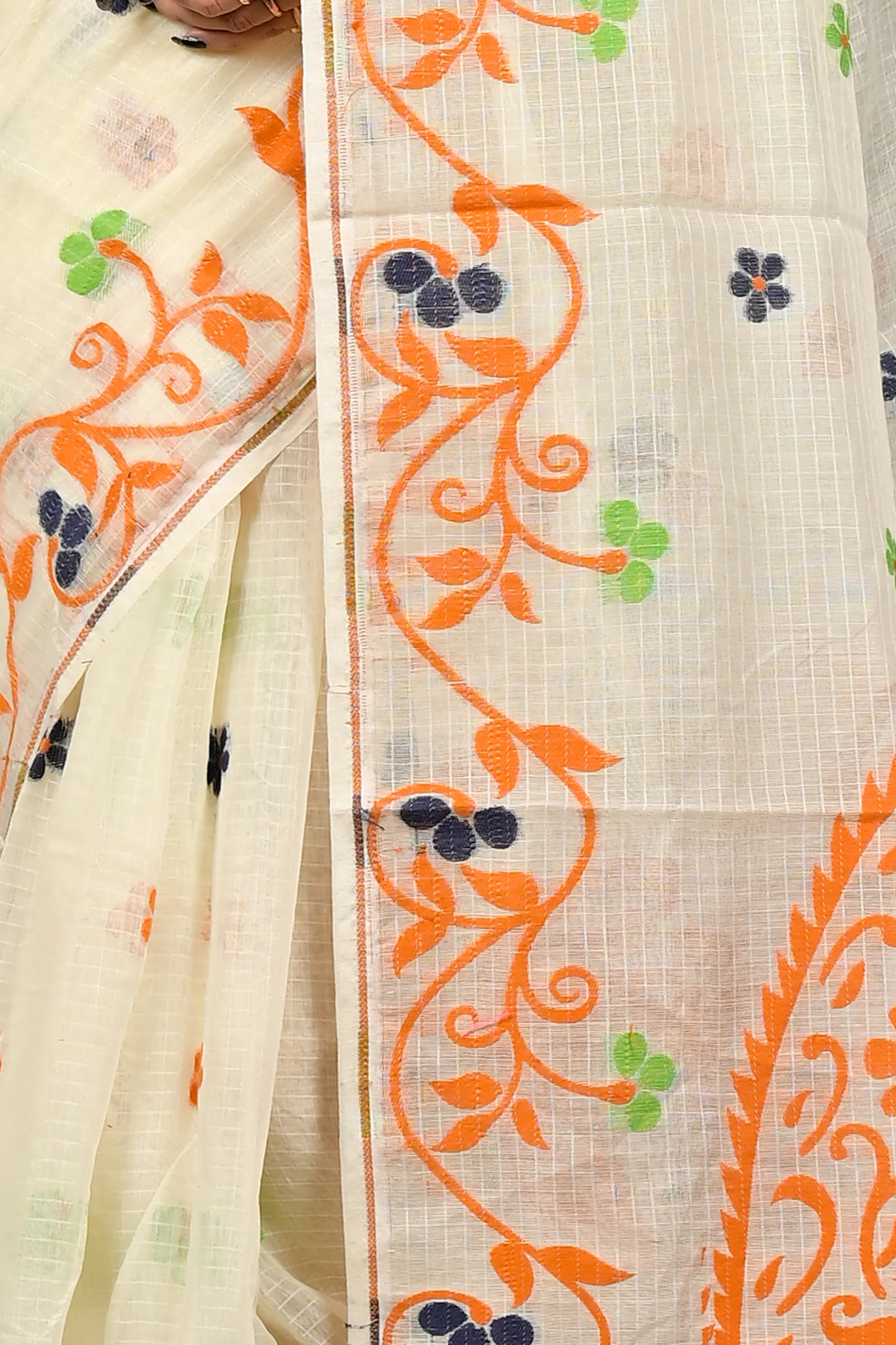 DipDiya Cotton Off White Orange Fivani Bengali Heritage Jamdani Sarees