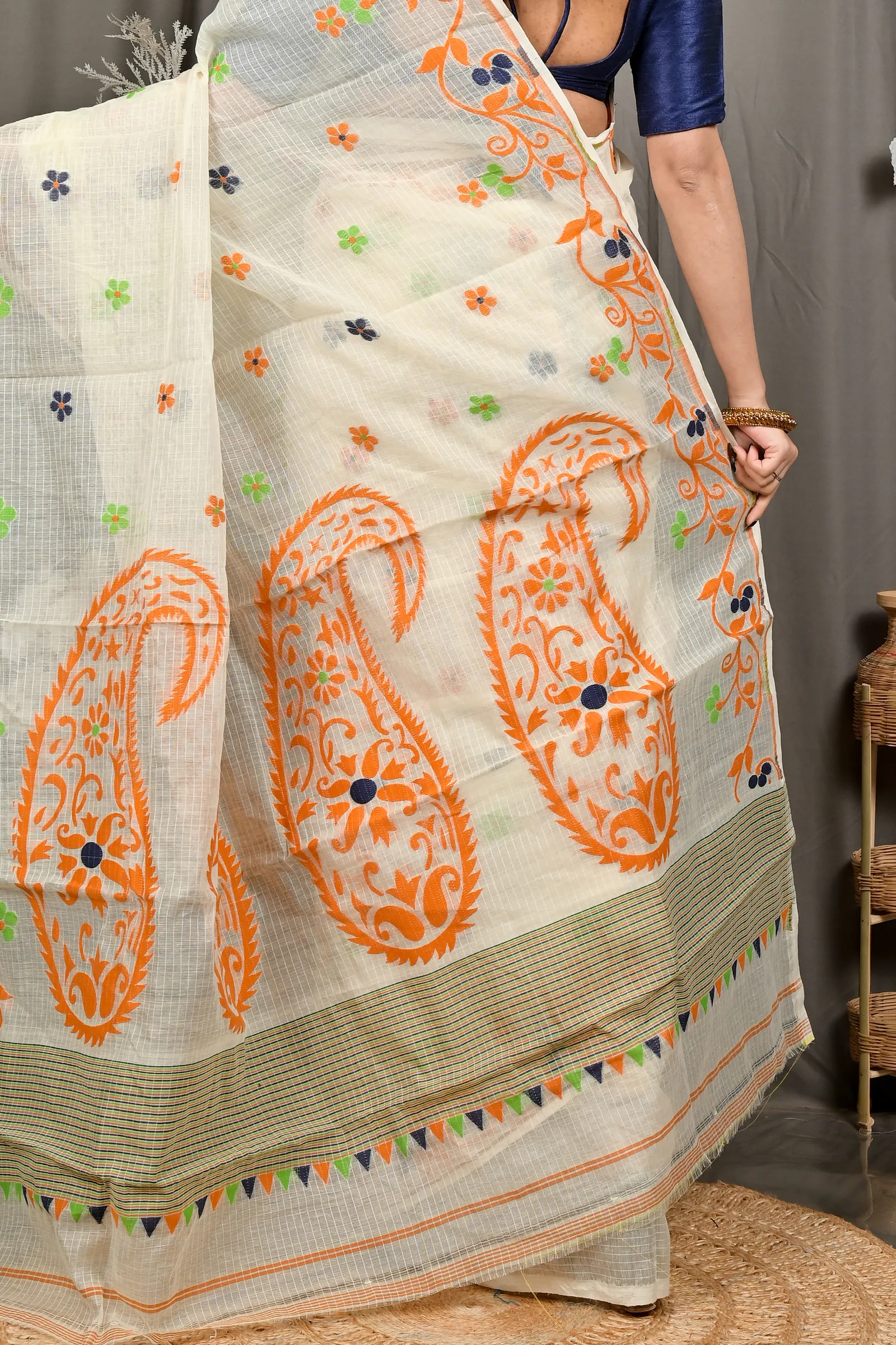 DipDiya Cotton Off White Orange Fivani Bengali Heritage Jamdani Sarees