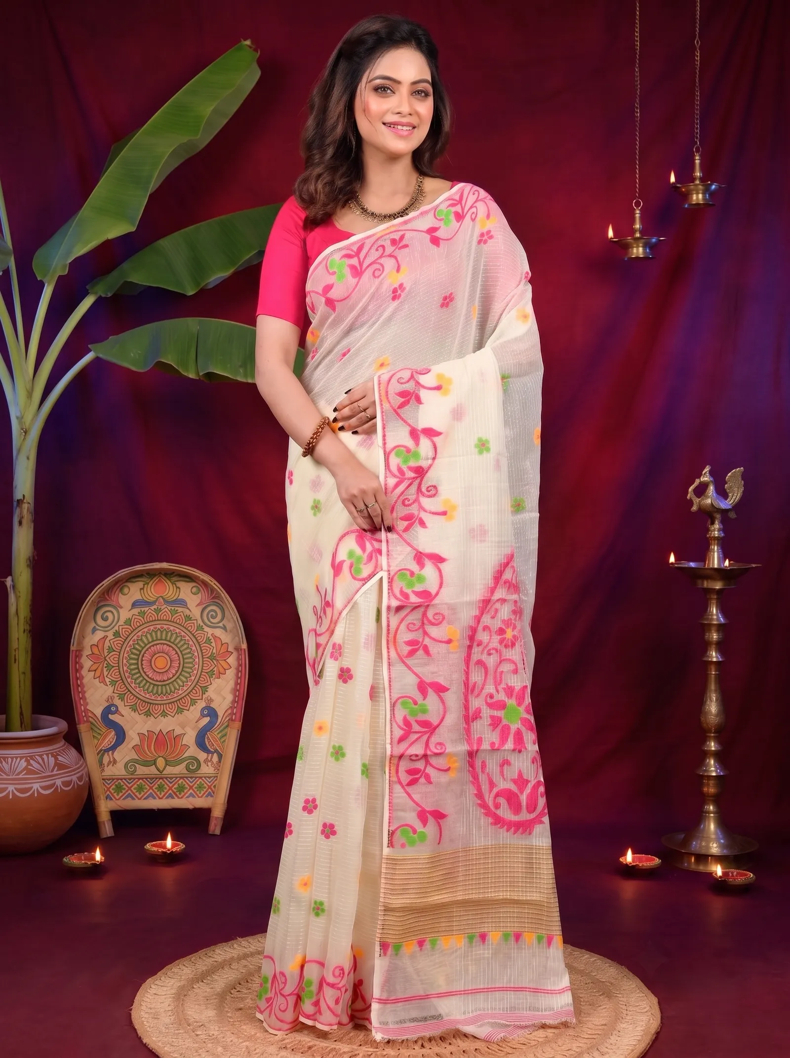 DipDiya Cotton Off White Pink Fivani Classic Bengali Jamdani Sarees