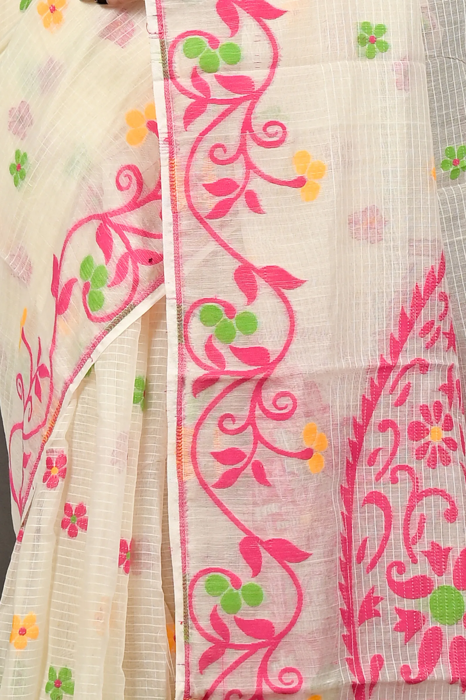 DipDiya Cotton Off White Pink Fivani Classic Bengali Jamdani Sarees
