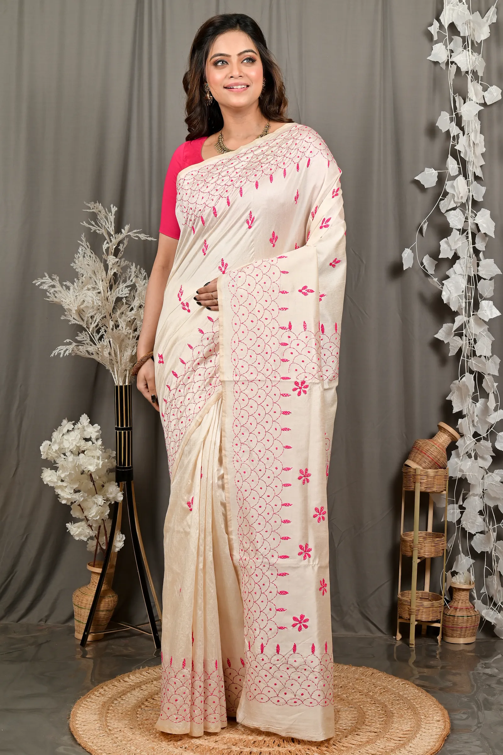 DipDiya Cotton Off White Pink Varitikath Traditional Bengali Kantha Stitch Sarees