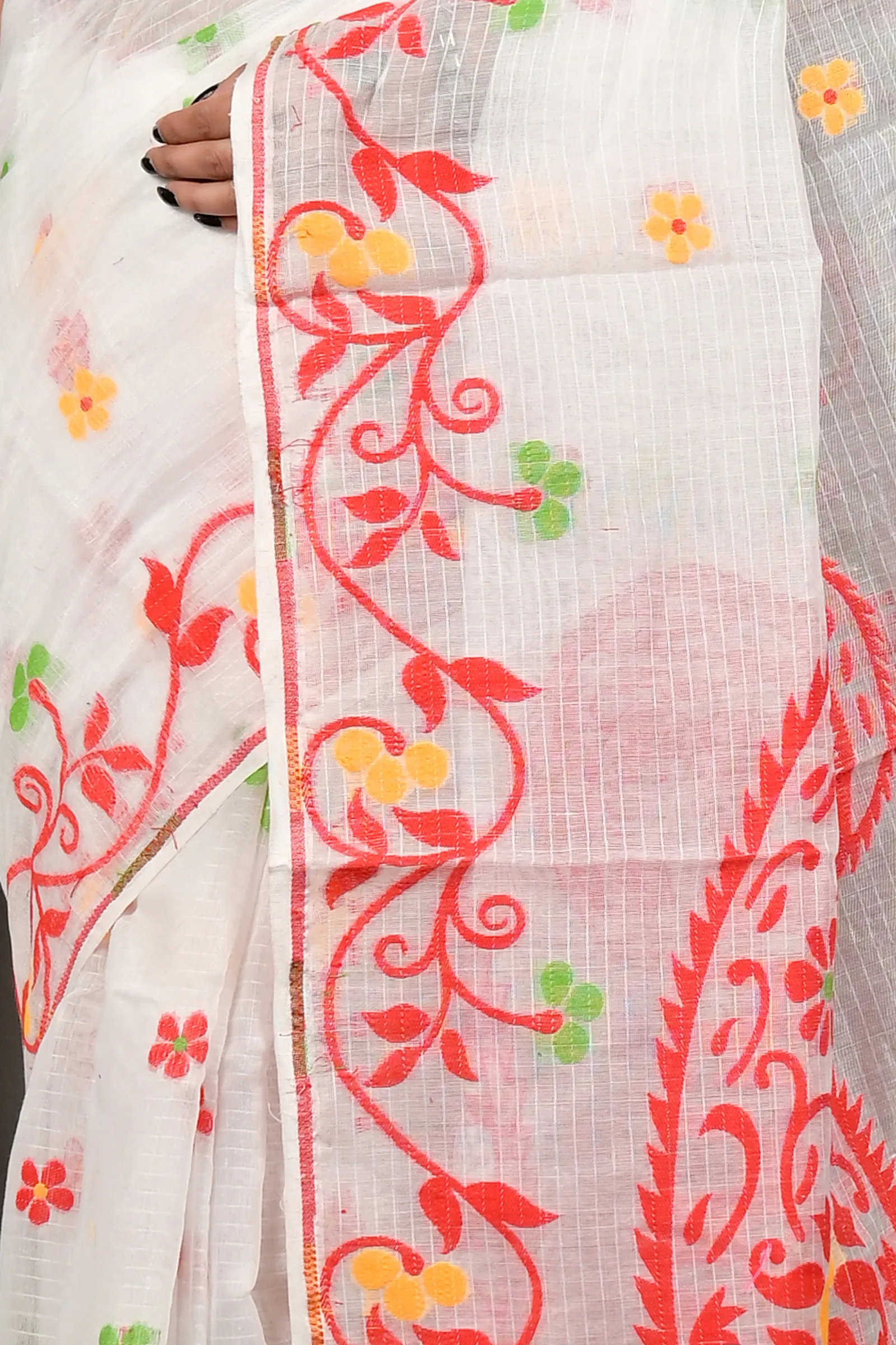 DipDiya Cotton Off White Red Fivani Bengal’s Legacy Jamdani Sarees