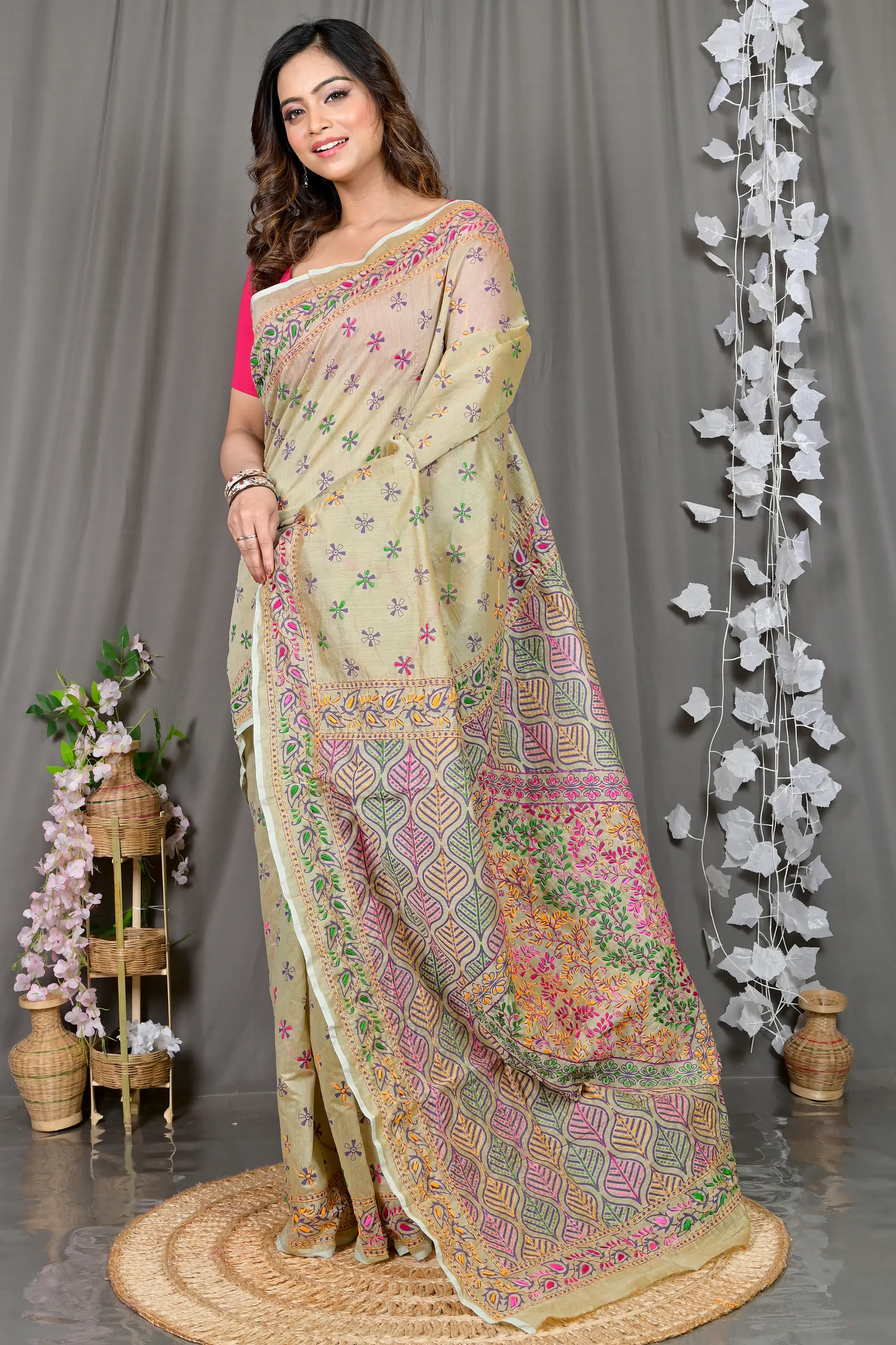 DipDiya Cotton Off-White Varitikath Elegance in Every Weave Kantha Stitch Sarees
