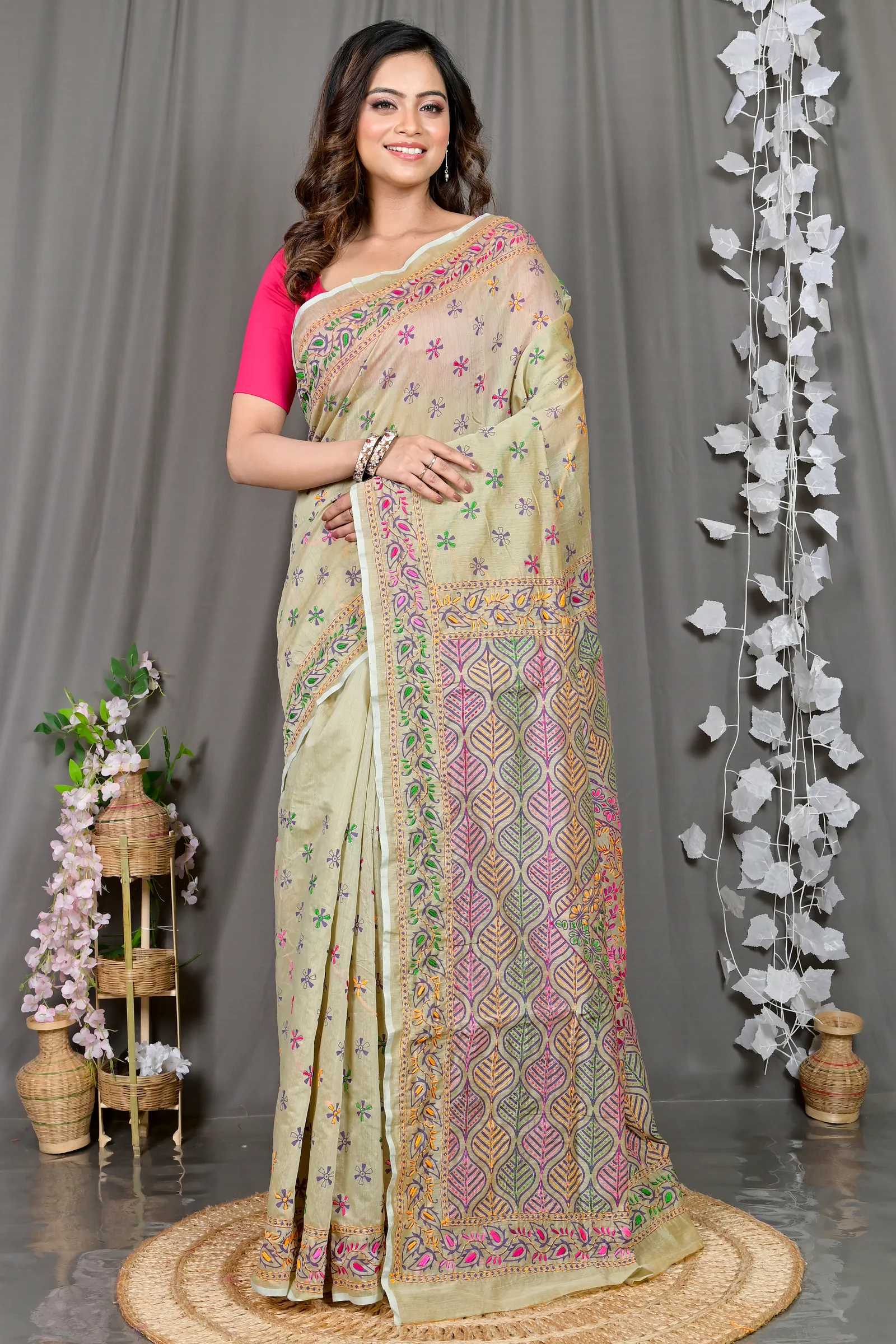DipDiya Cotton Off-White Varitikath Elegance in Every Weave Kantha Stitch Sarees