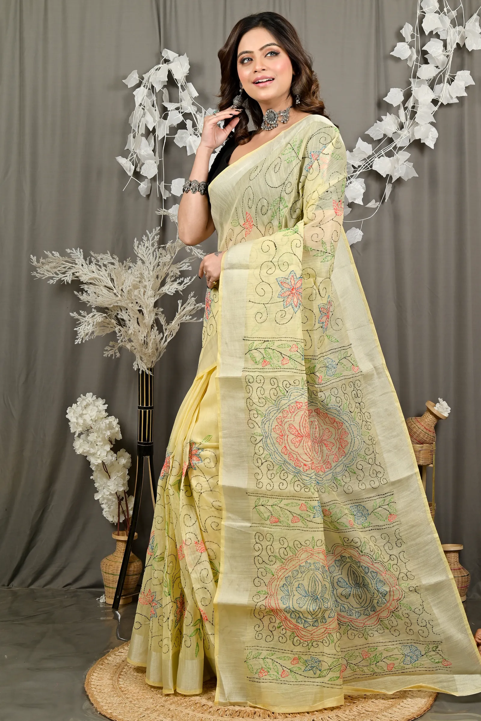 DipDiya Cotton Off Whnite Varitikath Weaves with a Story Kantha Stitch Sarees