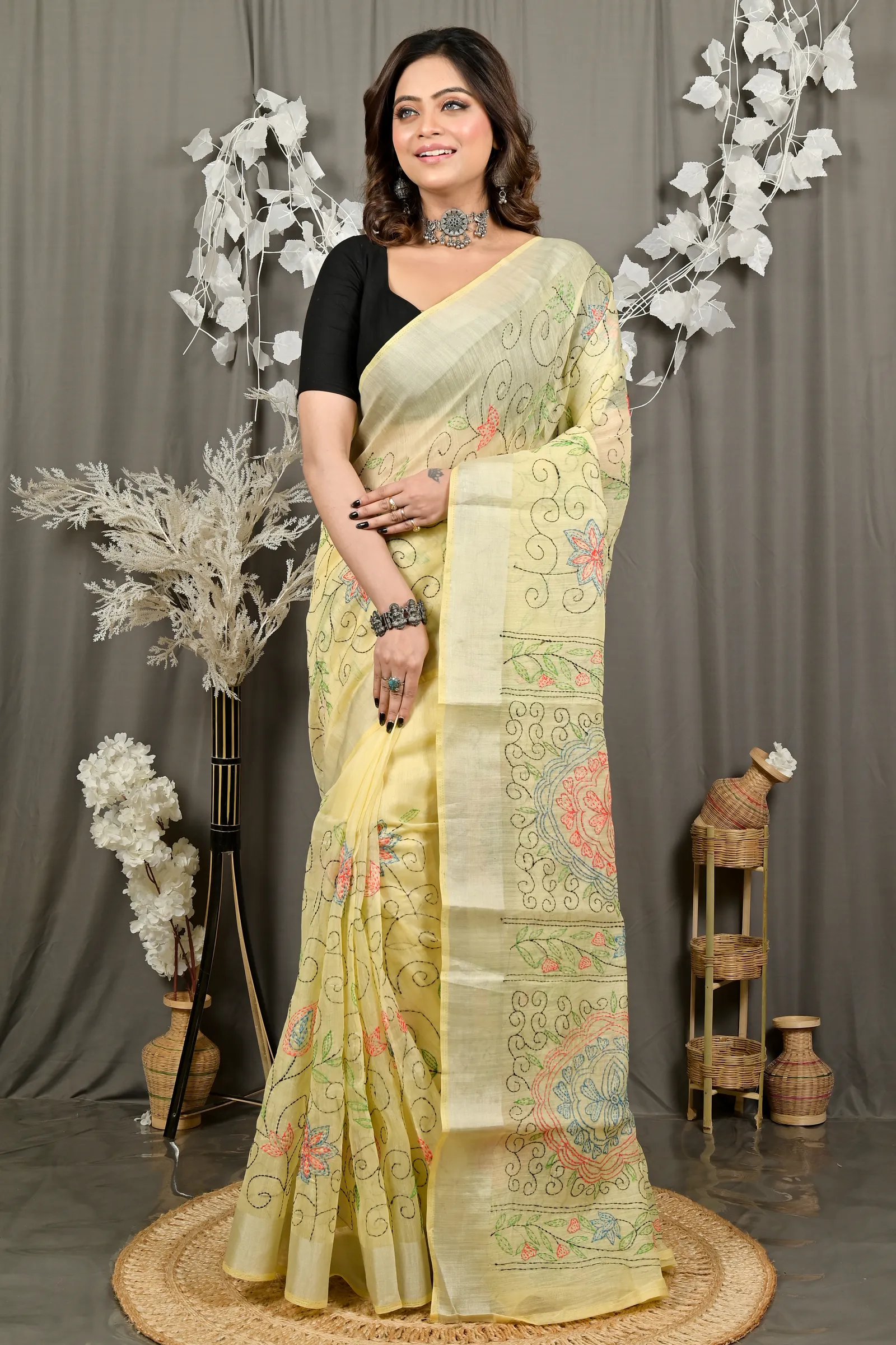 DipDiya Cotton Off Whnite Varitikath Weaves with a Story Kantha Stitch Sarees
