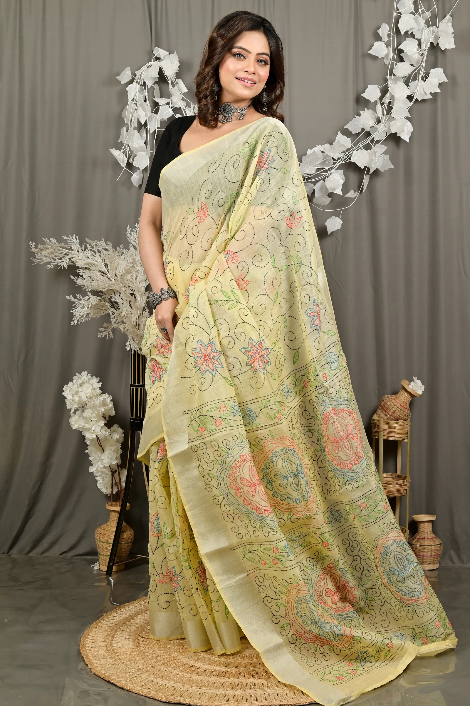 DipDiya Cotton Off Whnite Varitikath Weaves with a Story Kantha Stitch Sarees