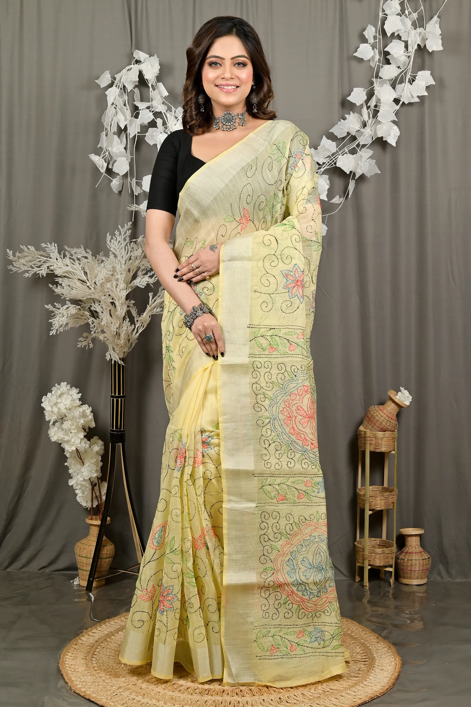 DipDiya Cotton Off Whnite Varitikath Weaves with a Story Kantha Stitch Sarees