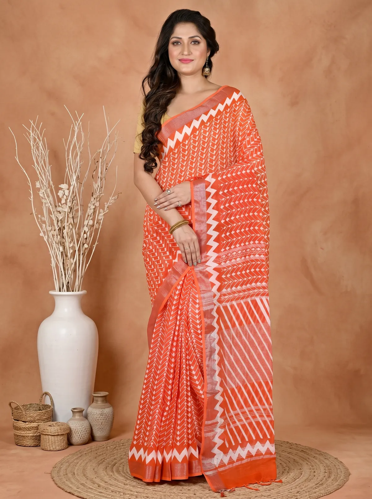 DipDiya Cotton Orange Sebai Crafted by Artisans Batik Print Sarees