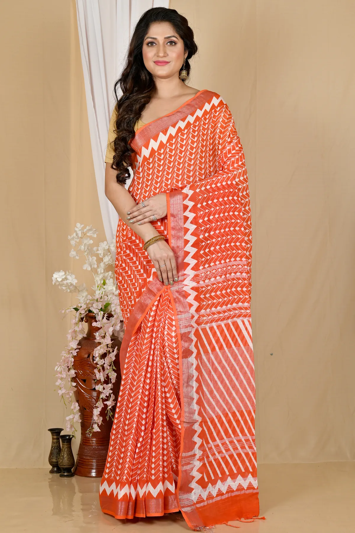 DipDiya Cotton Orange Sebai Crafted by Artisans Batik Print Sarees