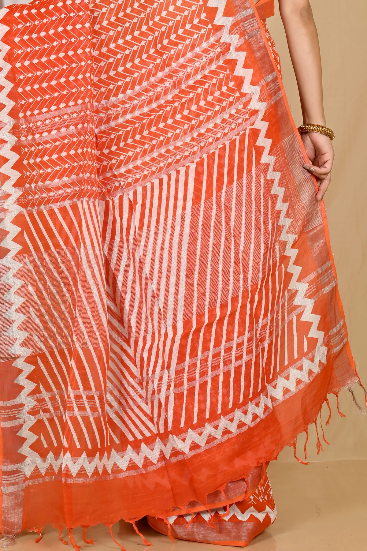 DipDiya Cotton Orange Sebai Crafted by Artisans Batik Print Sarees