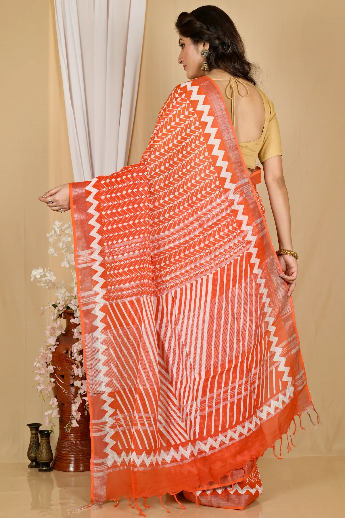 DipDiya Cotton Orange Sebai Crafted by Artisans Batik Print Sarees