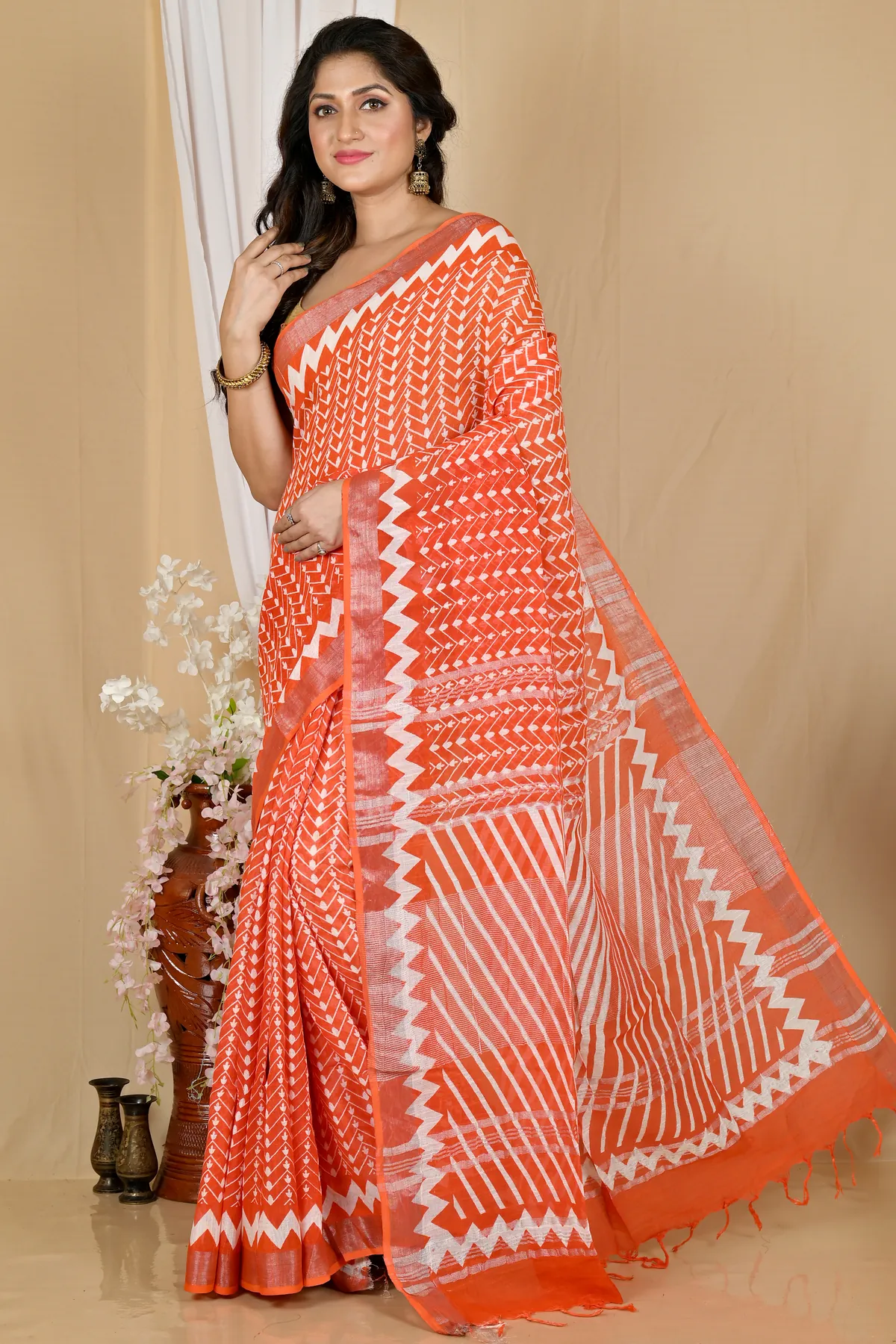 DipDiya Cotton Orange Sebai Crafted by Artisans Batik Print Sarees