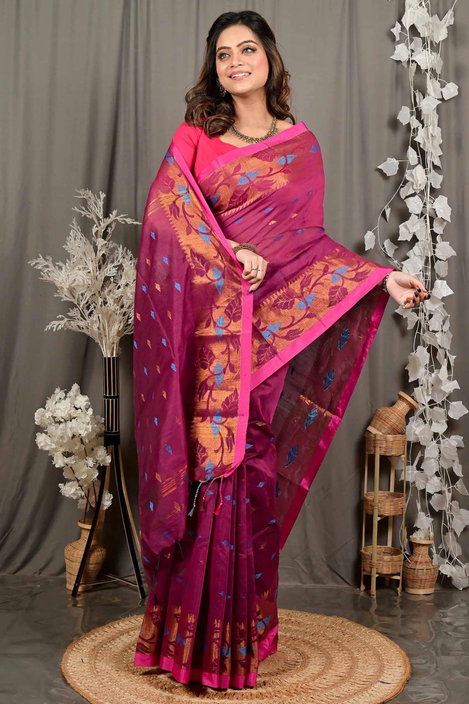 DipDiya Cotton Purpel Dipani Pure Bengali Grace Handloom Sarees