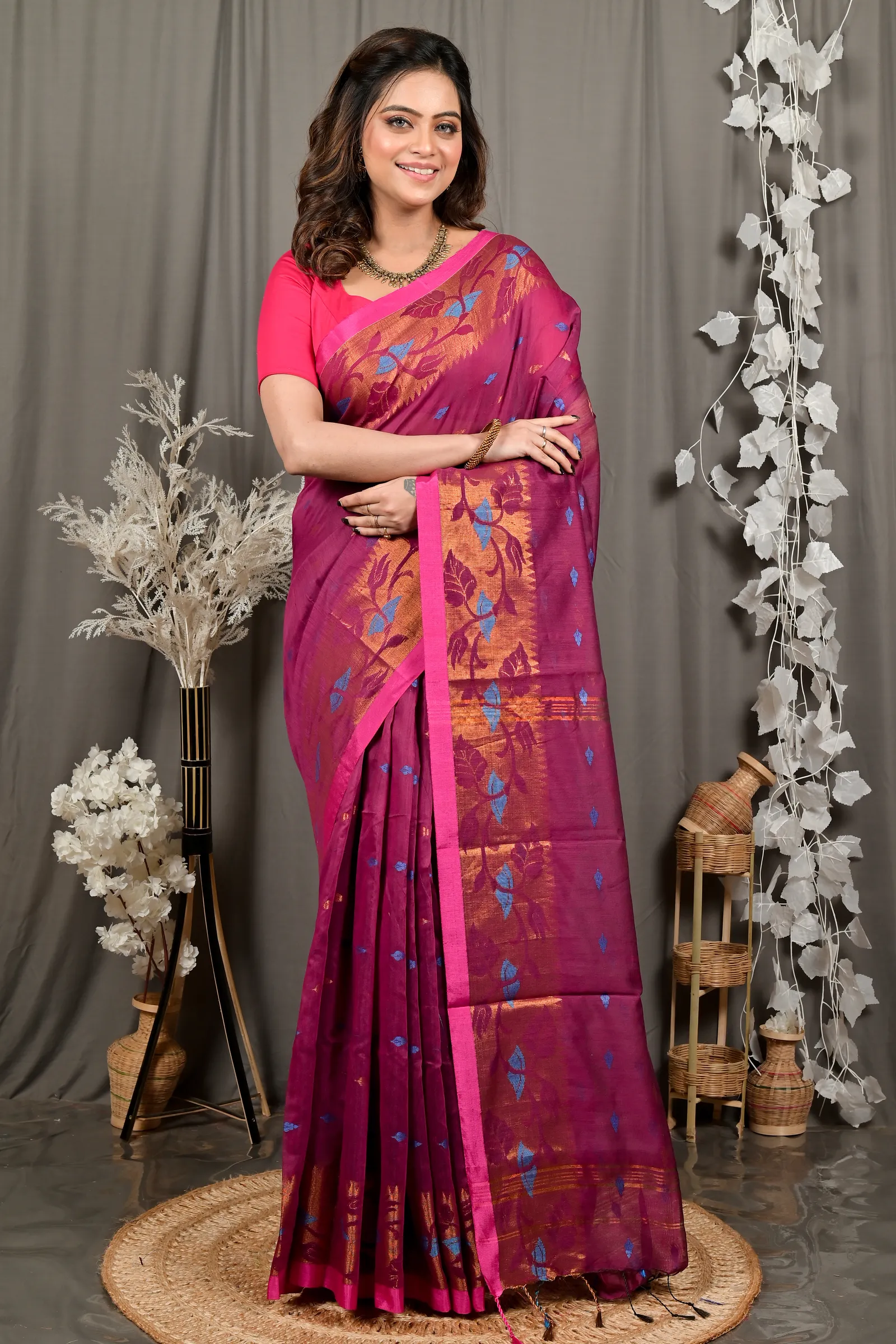 DipDiya Cotton Purpel Dipani Pure Bengali Grace Handloom Sarees