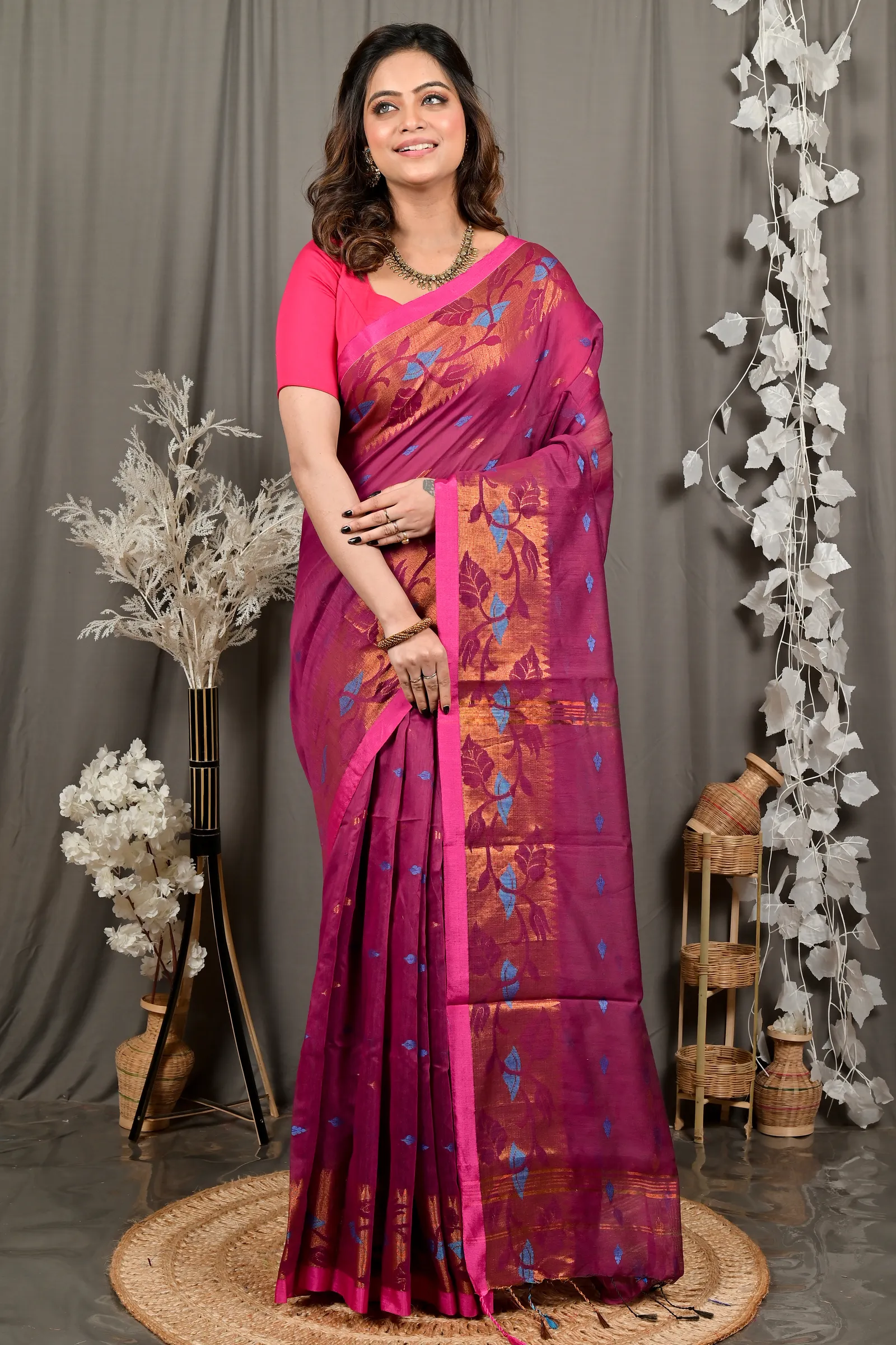 DipDiya Cotton Purpel Dipani Pure Bengali Grace Handloom Sarees