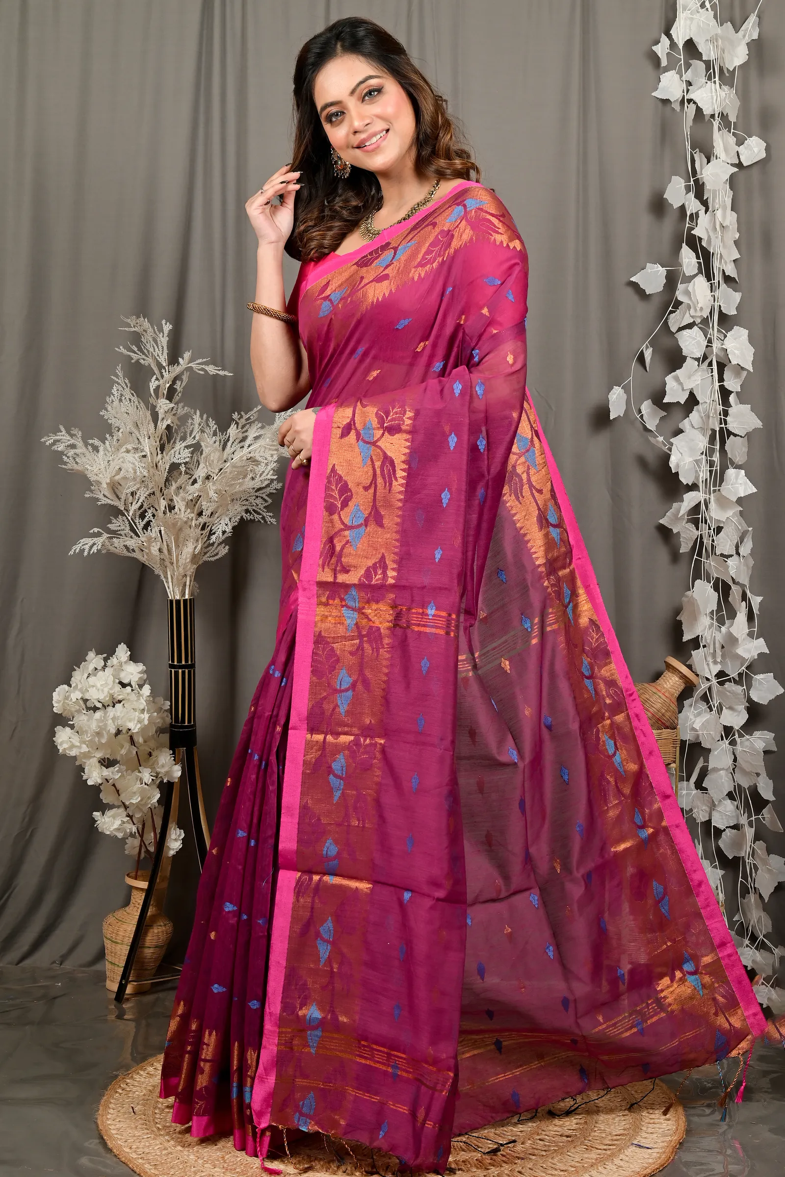 DipDiya Cotton Purpel Dipani Pure Bengali Grace Handloom Sarees
