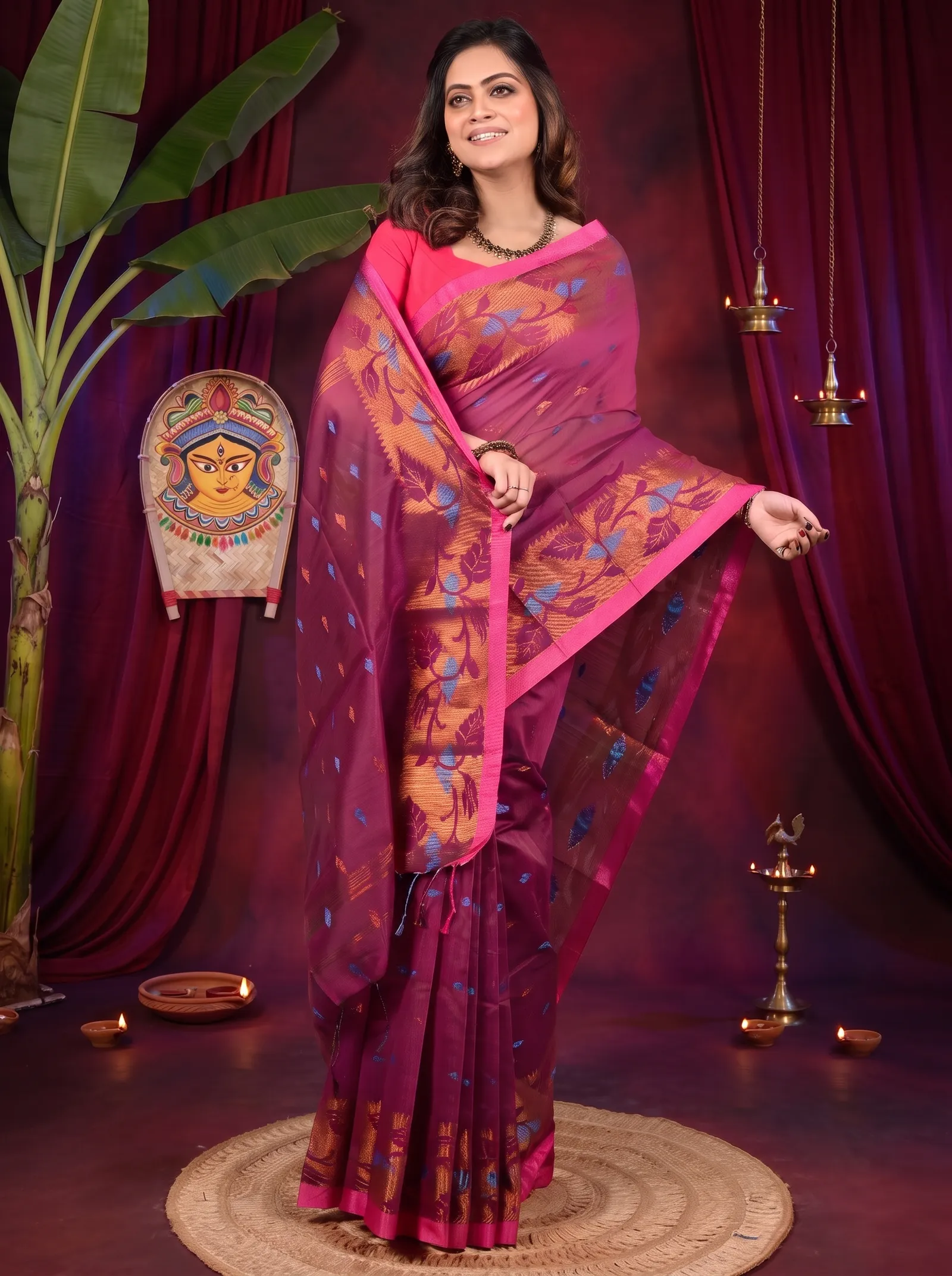 DipDiya Cotton Purpel Dipani Pure Bengali Grace Handloom Sarees