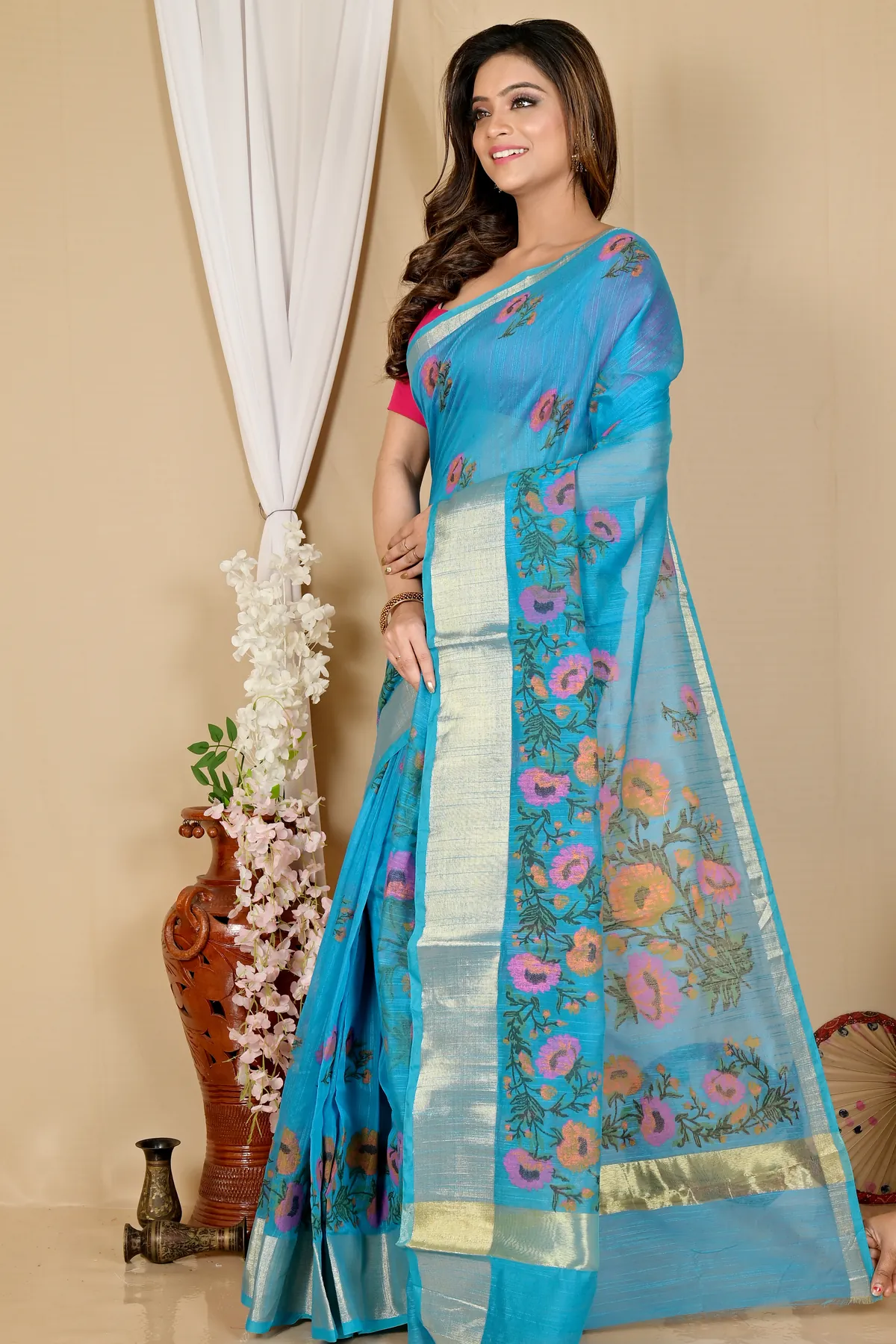DipDiya Cotton See Blue Narme Stories of Bengal Printed Handloom Sarees