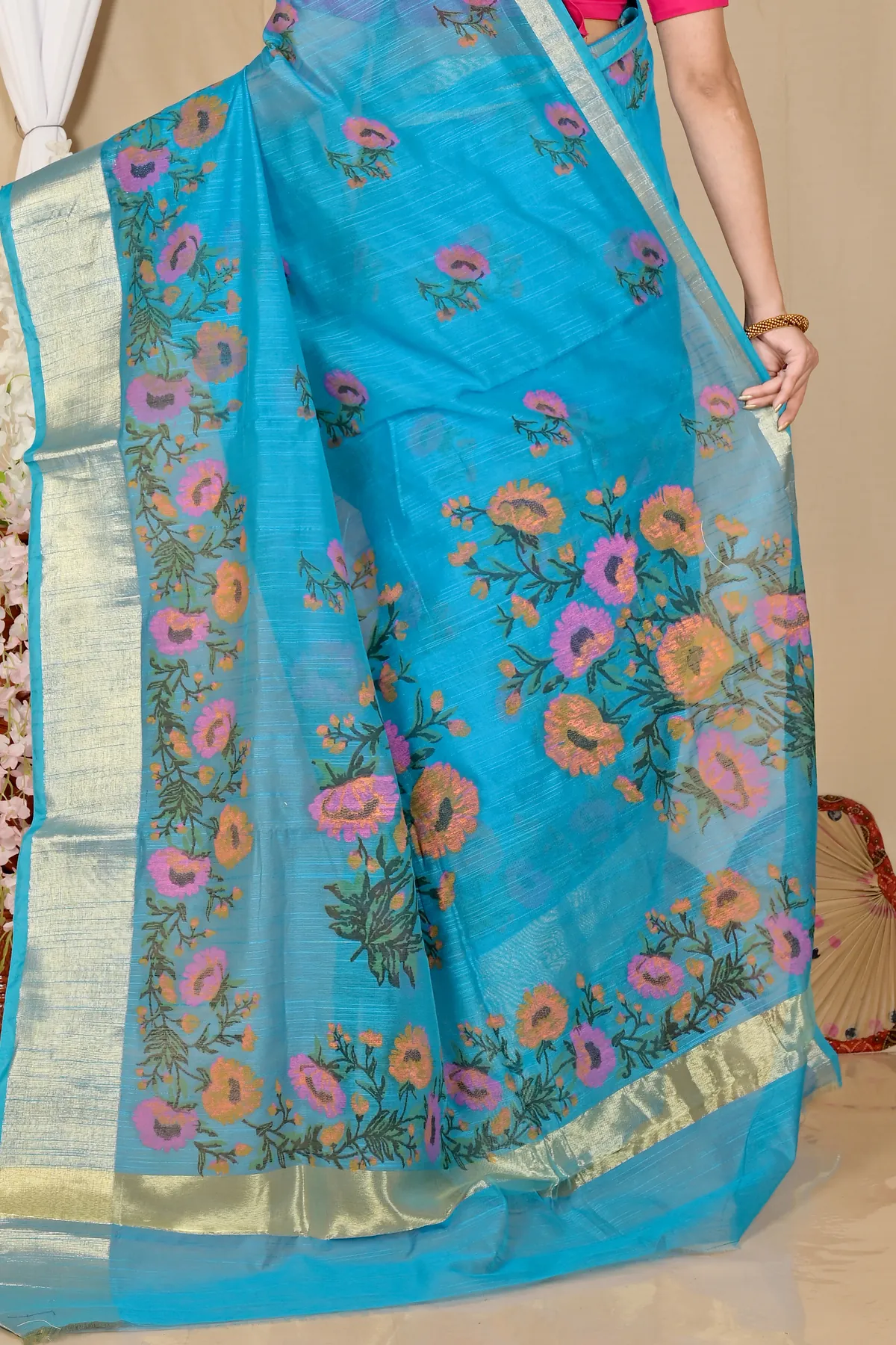 DipDiya Cotton See Blue Narme Stories of Bengal Printed Handloom Sarees