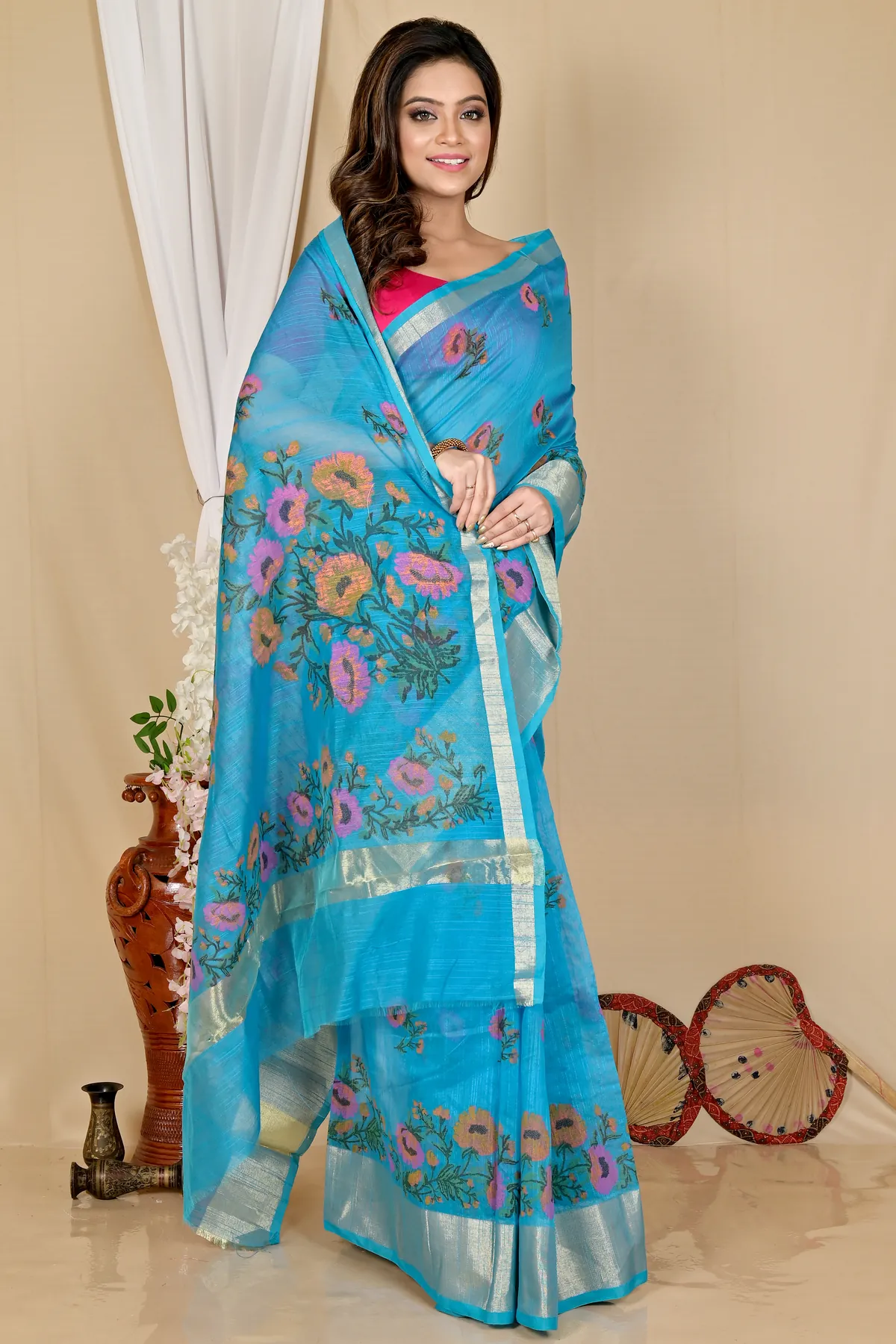 DipDiya Cotton See Blue Narme Stories of Bengal Printed Handloom Sarees