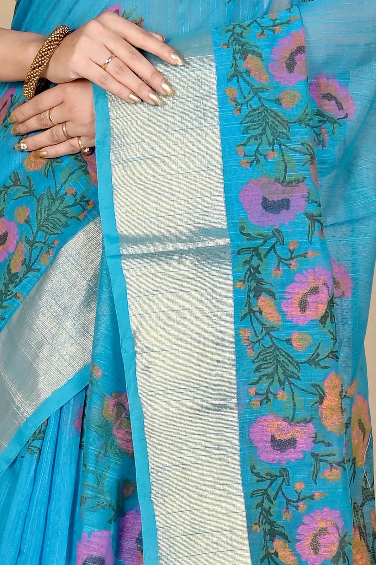 DipDiya Cotton See Blue Narme Stories of Bengal Printed Handloom Sarees