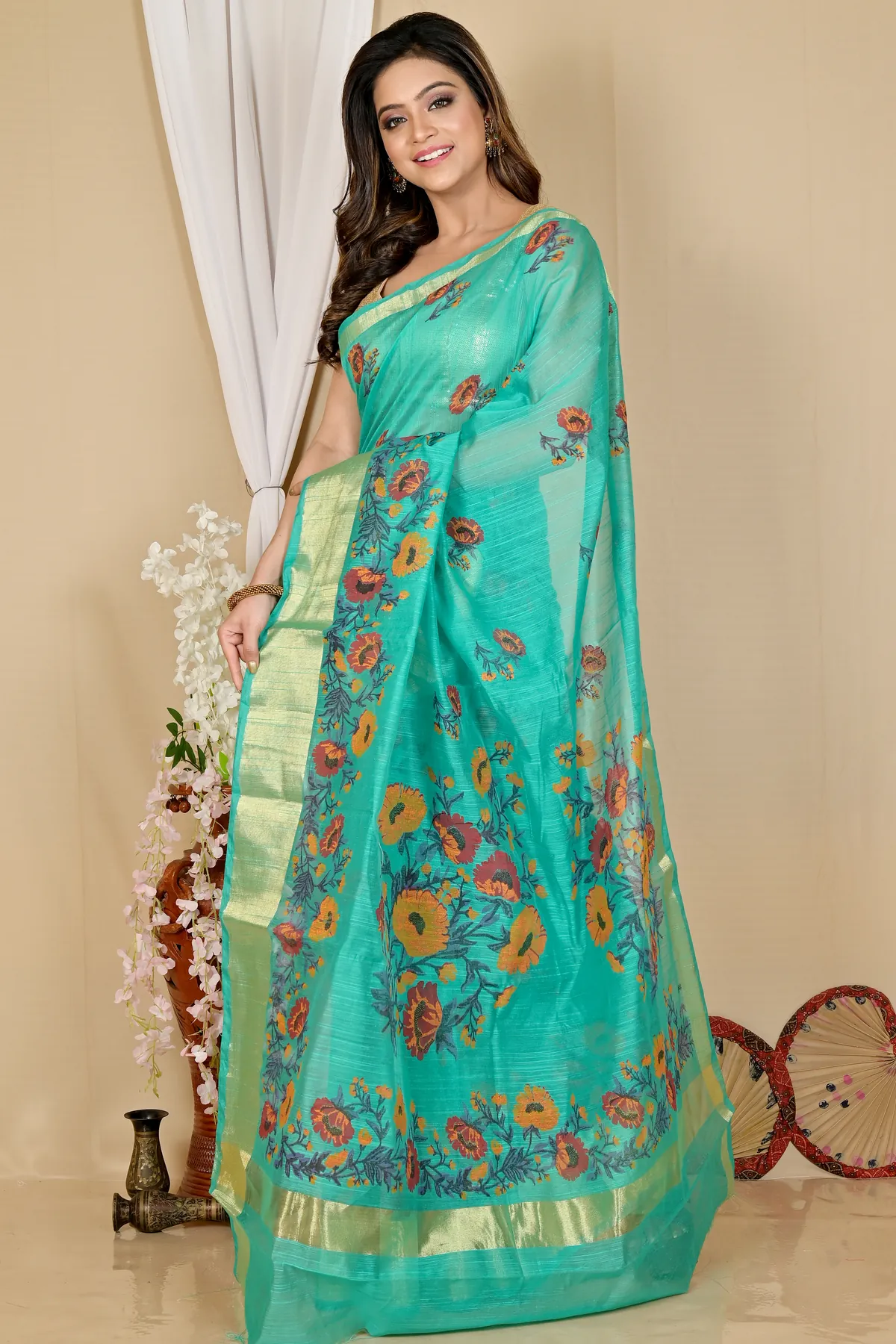 DipDiya Cotton See Green Narme Rooted in Bengal Printed Handloom Sarees