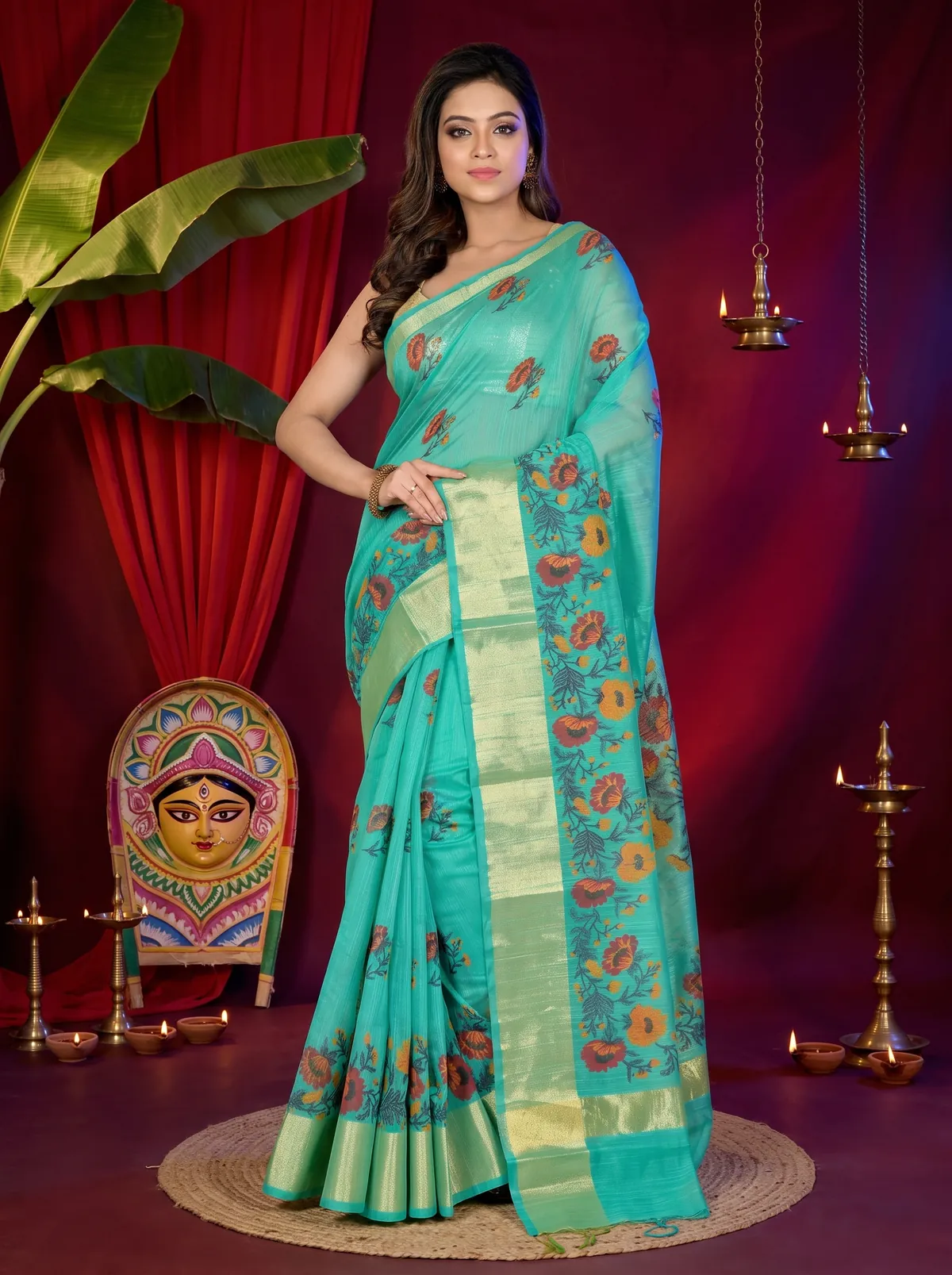 DipDiya Cotton See Green Narme Rooted in Bengal Printed Handloom Sarees