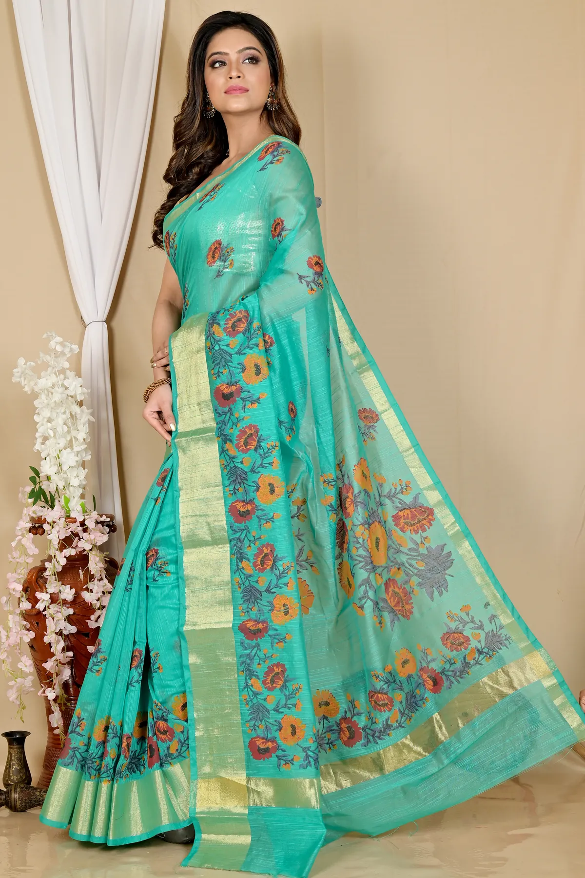 DipDiya Cotton See Green Narme Rooted in Bengal Printed Handloom Sarees