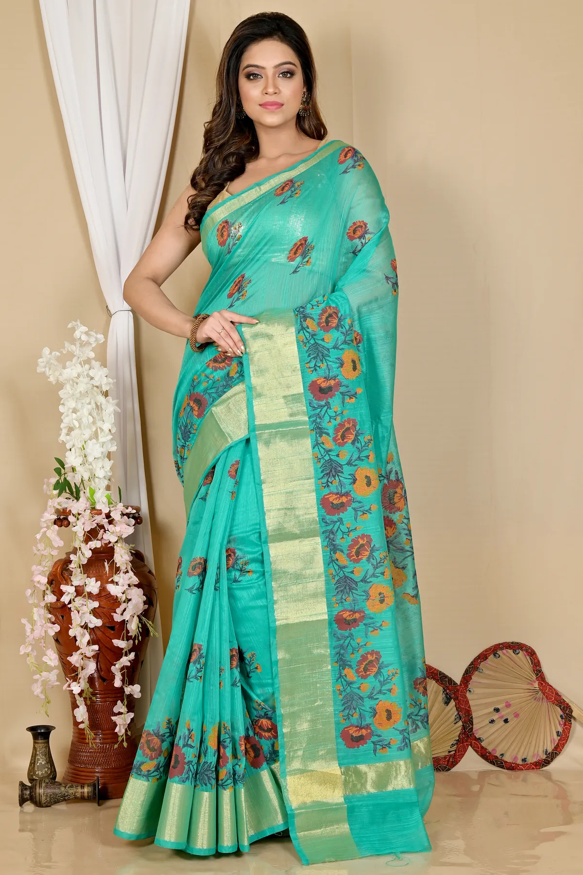 DipDiya Cotton See Green Narme Rooted in Bengal Printed Handloom Sarees