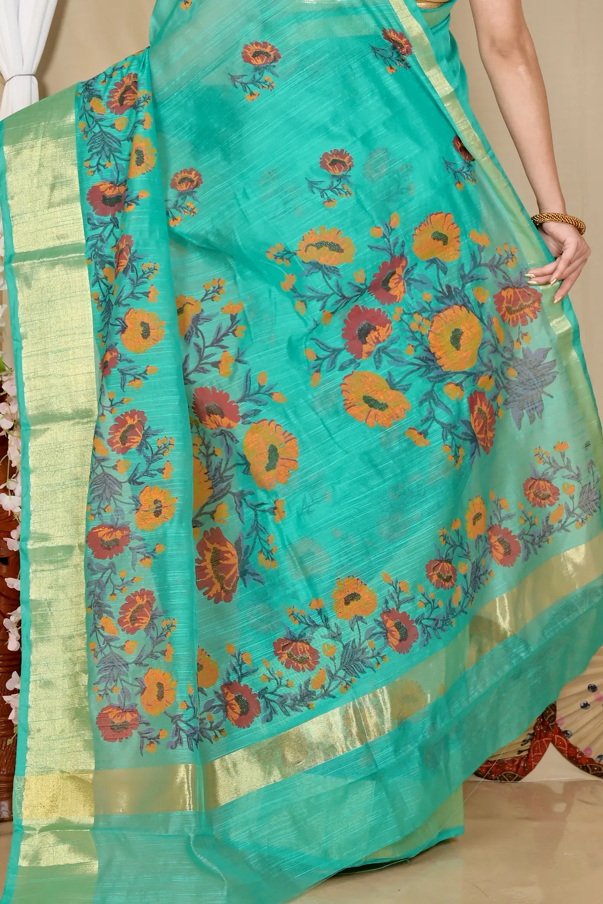 DipDiya Cotton See Green Narme Rooted in Bengal Printed Handloom Sarees