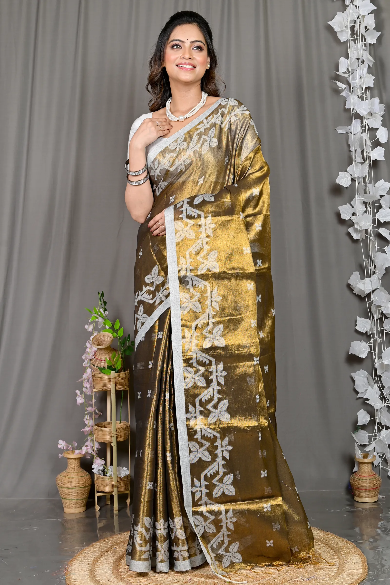 DipDiya Cotton Silk Brown Parashar Woven by Hand Tissue Jamdani Sarees