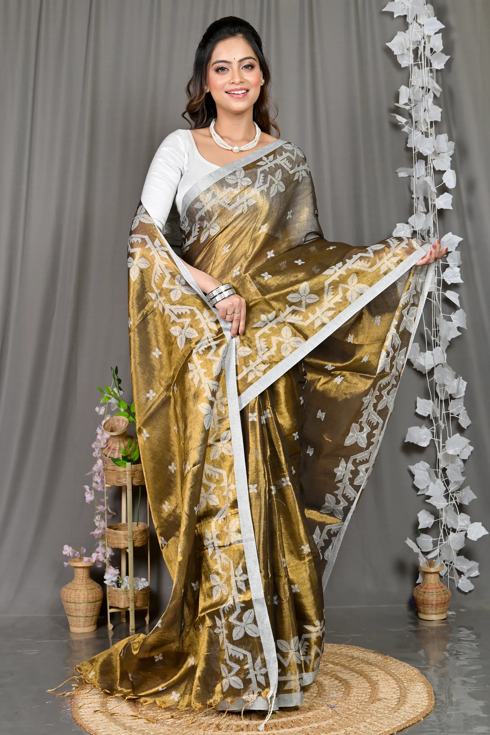 DipDiya Cotton Silk Brown Parashar Woven by Hand Tissue Jamdani Sarees