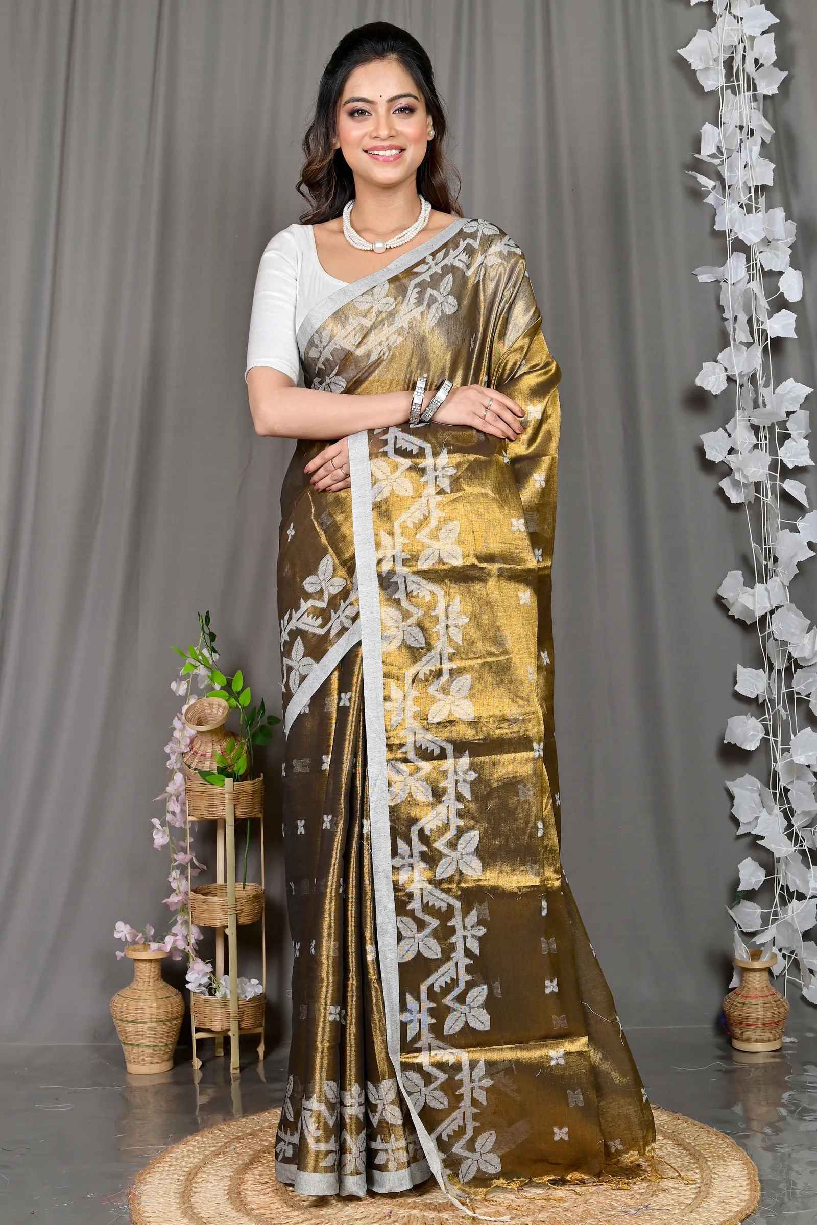 DipDiya Cotton Silk Brown Parashar Woven by Hand Tissue Jamdani Sarees