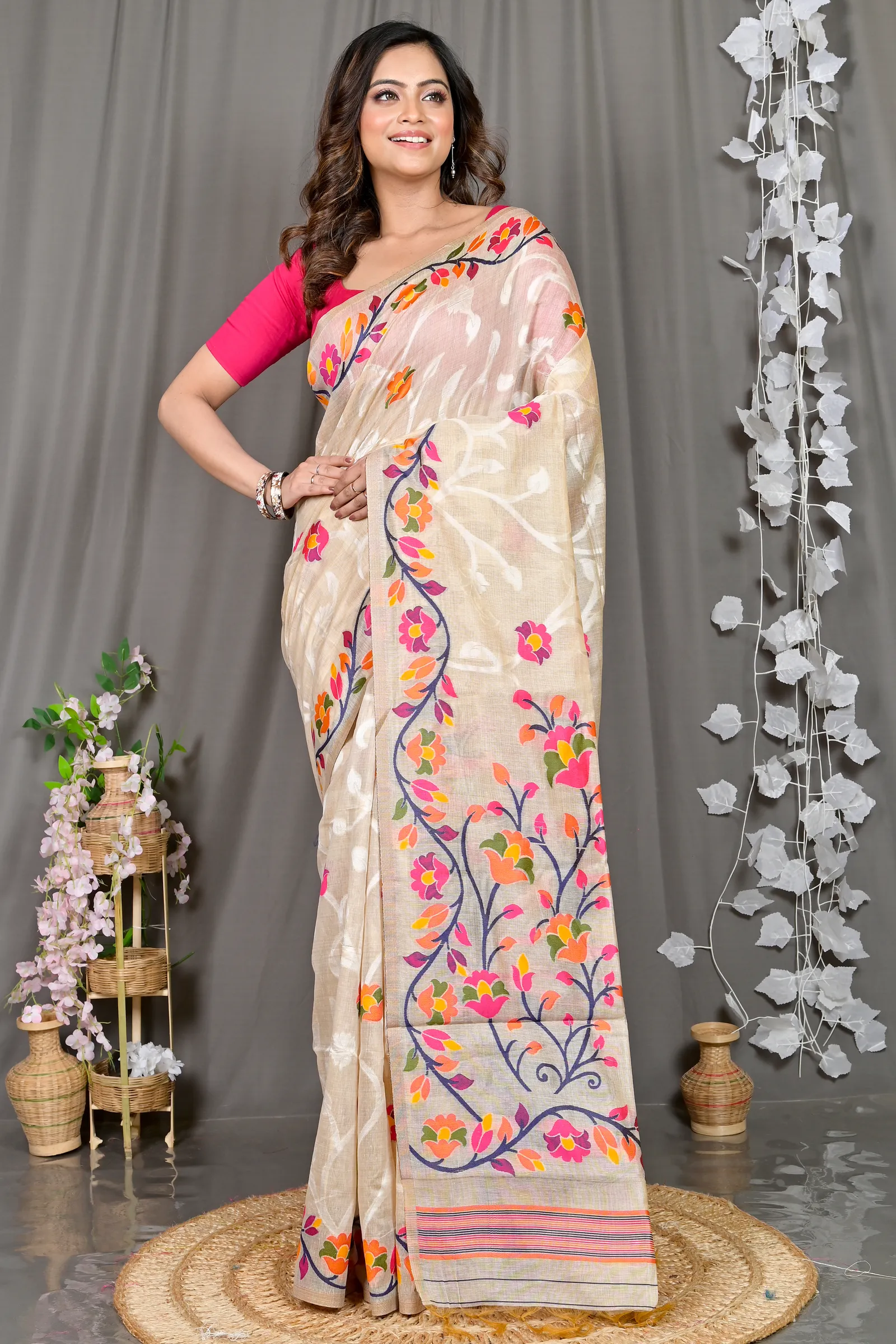 DipDiya Cotton Silk Cream Parmix Essence of Bengal Handloom Sarees