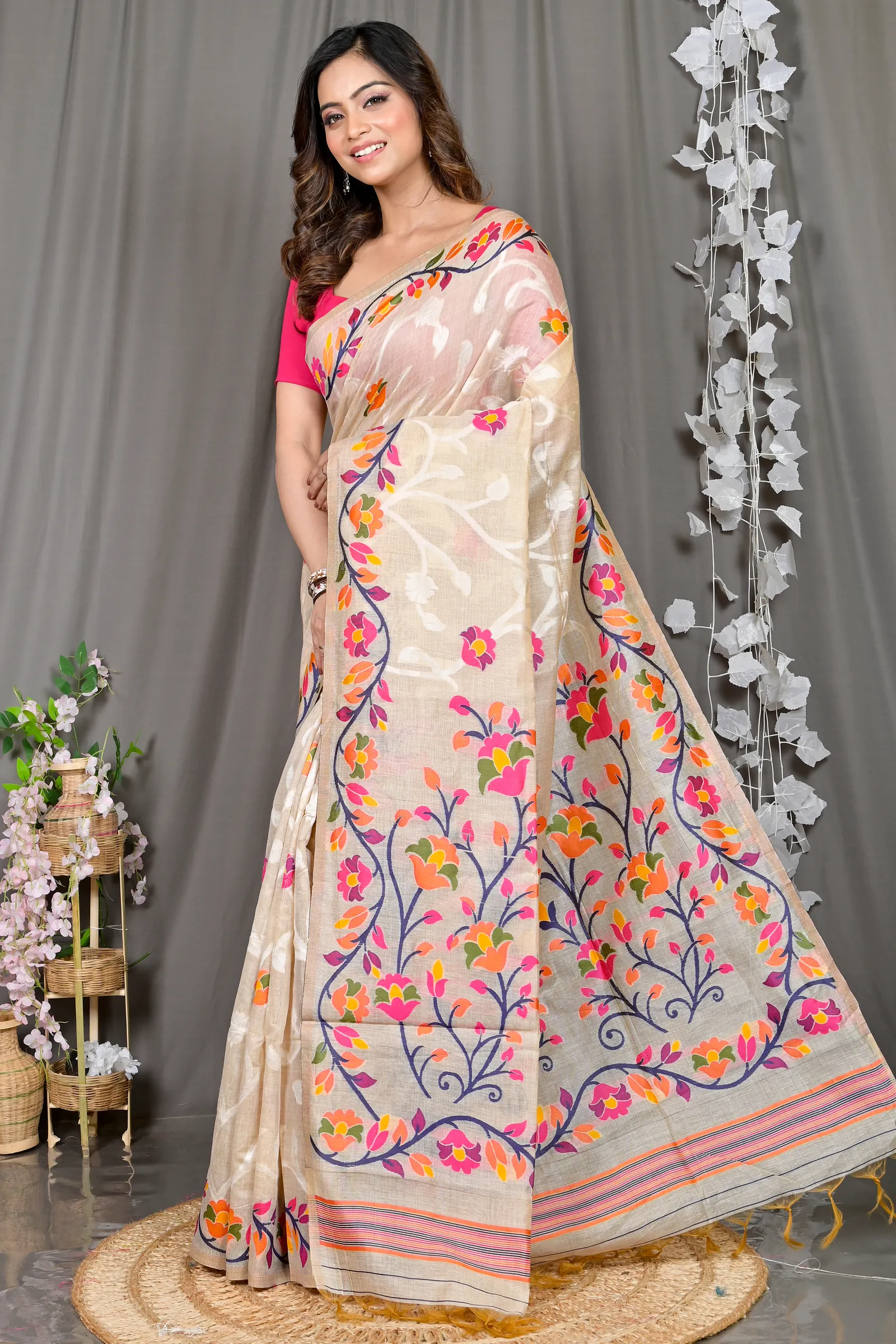 DipDiya Cotton Silk Cream Parmix Essence of Bengal Handloom Sarees