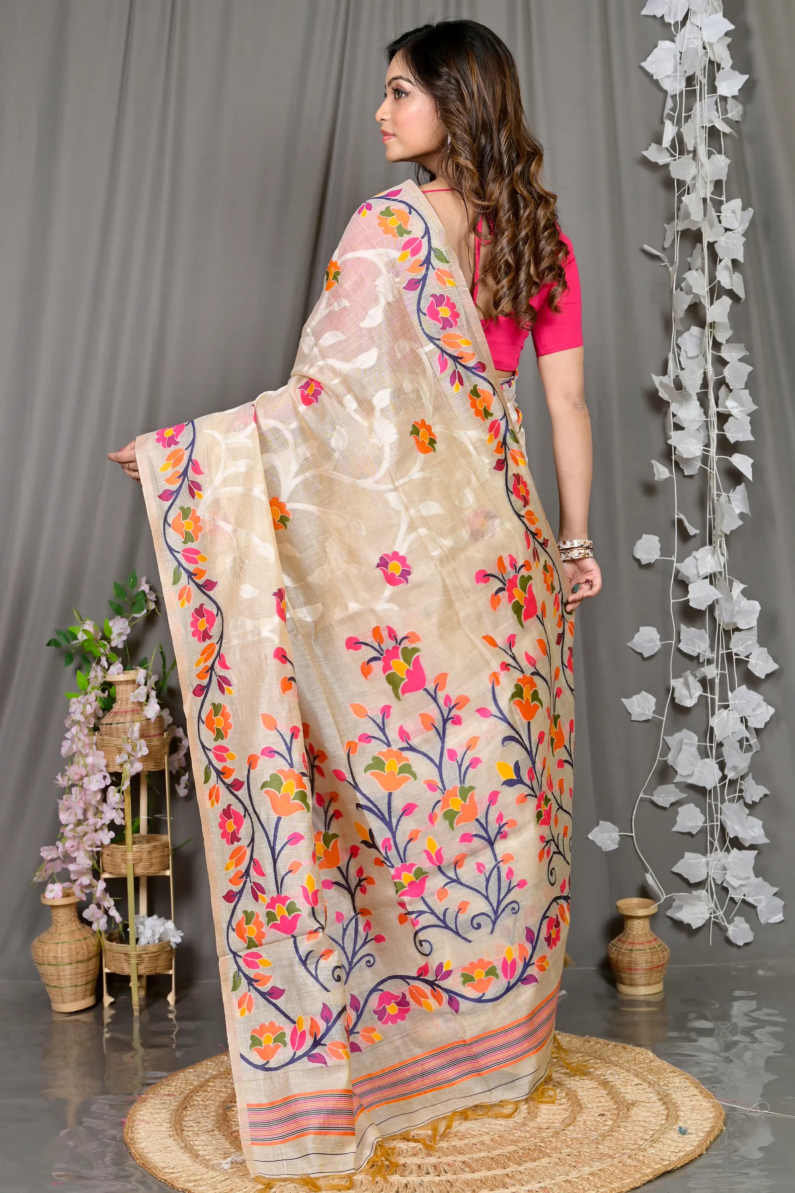DipDiya Cotton Silk Cream Parmix Essence of Bengal Handloom Sarees