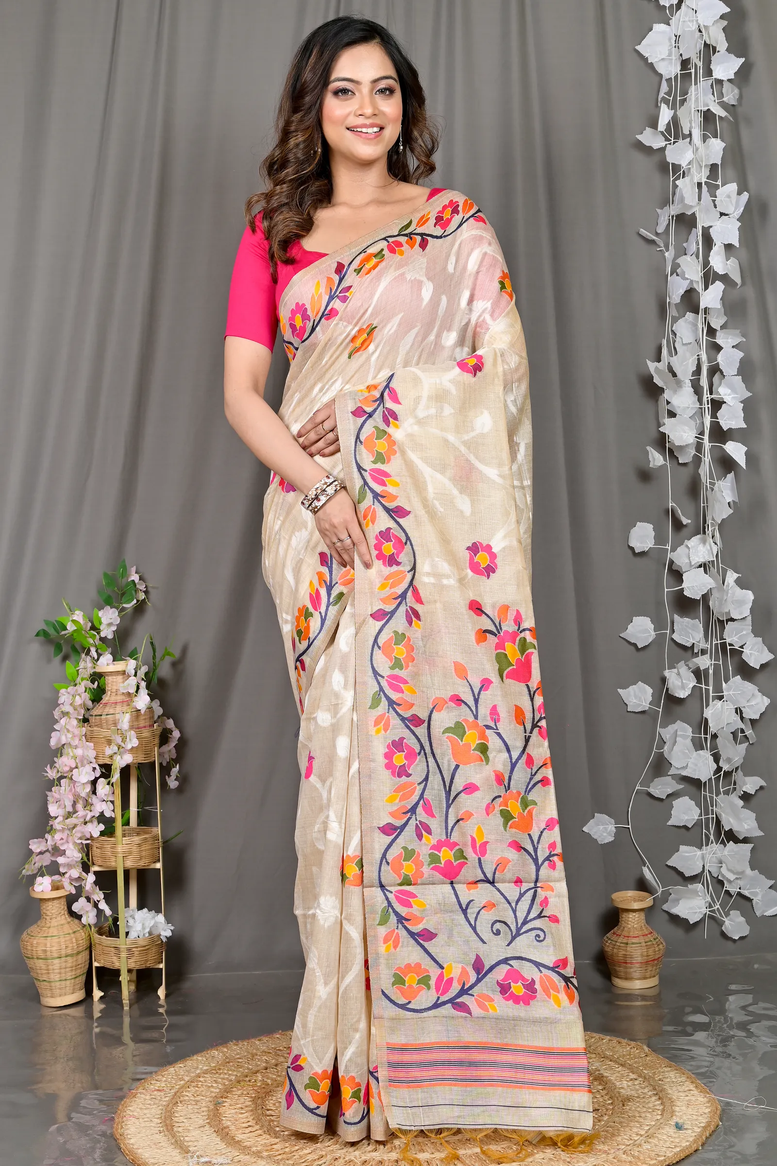 DipDiya Cotton Silk Cream Parmix Essence of Bengal Handloom Sarees