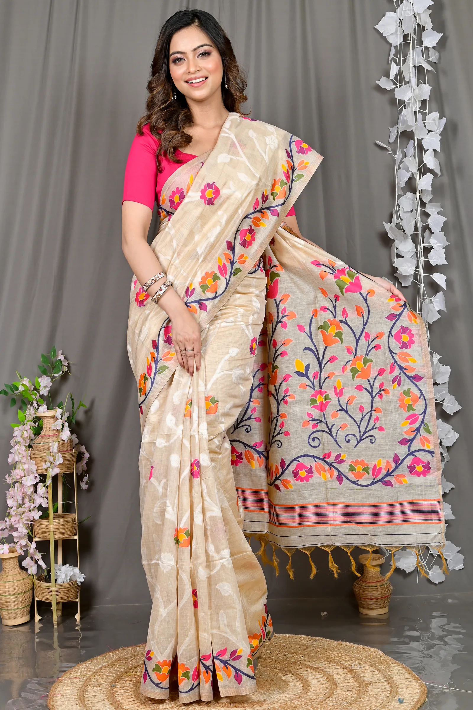 DipDiya Cotton Silk Cream Parmix Essence of Bengal Handloom Sarees