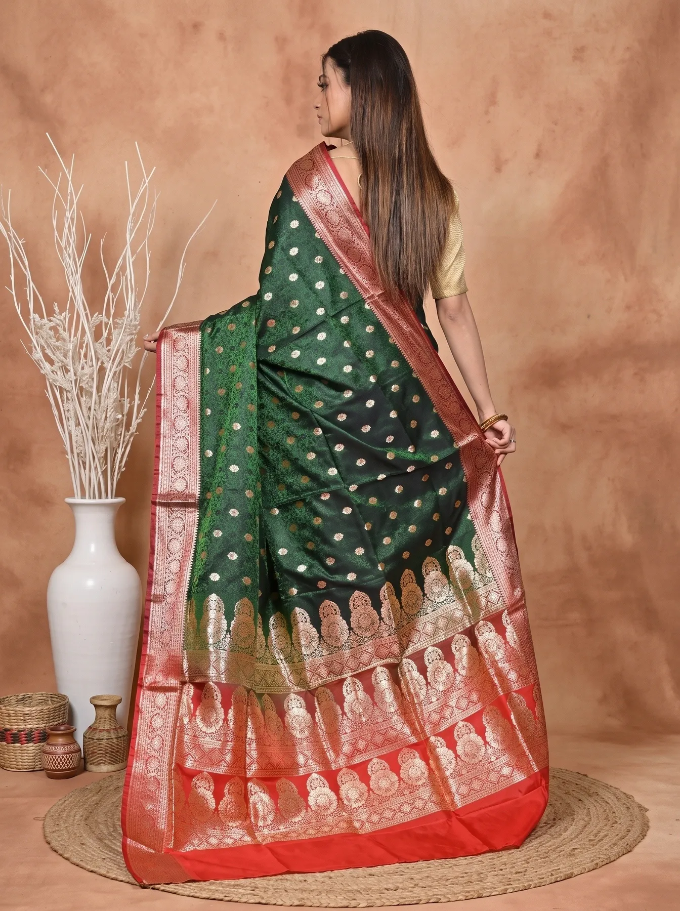 DipDiya Cotton Silk Dark Green Red Samay Heritage of Bengali Kathan Sarees