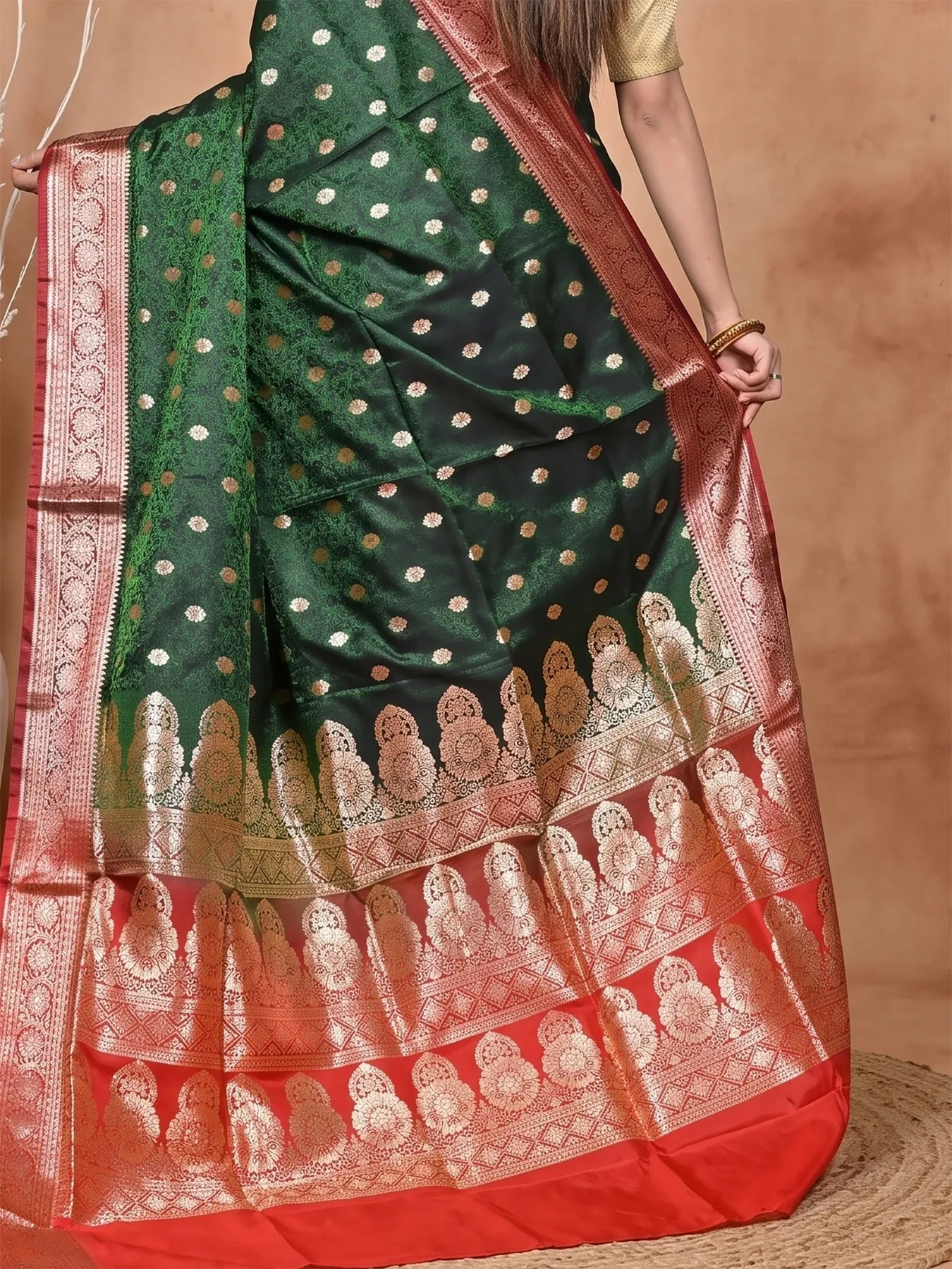 DipDiya Cotton Silk Dark Green Red Samay Heritage of Bengali Kathan Sarees