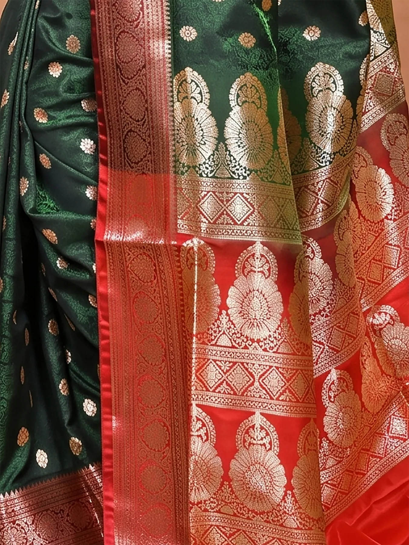 DipDiya Cotton Silk Dark Green Red Samay Heritage of Bengali Kathan Sarees